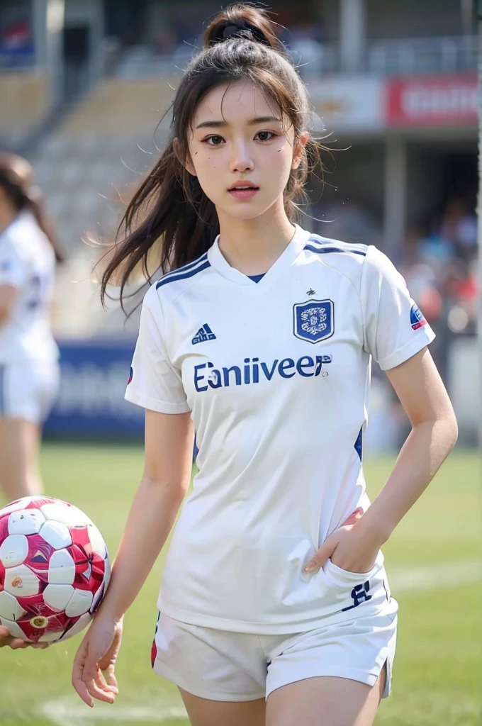 beautiful detail, best quality, 8k, highly detailed face and skin texture, high resolution, cute asian girl in blue soccer uniform at stadium, sharp focus