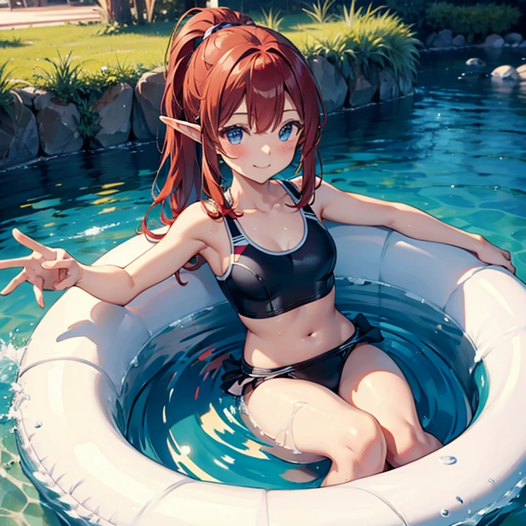 masterpiece (((chibi 3d))) Detailed open-air bath in a secluded area Bikini with detailed hibiscus print steam steams playing in the water