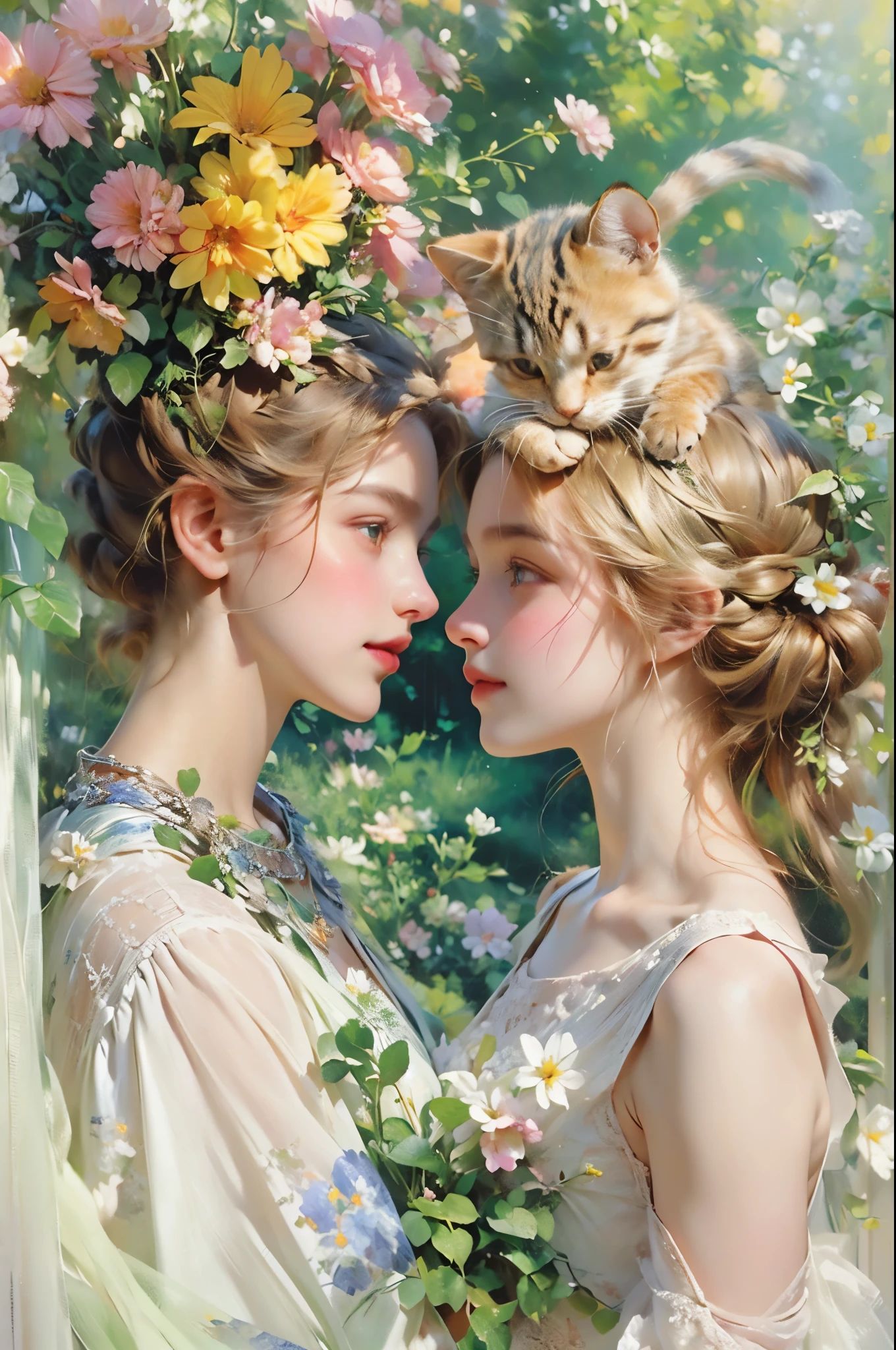 2 girls kissing a cat,detailed beautiful eyes,loving tender expression,soft lips,two young women,garden background,green plants,colorful flowers,happy atmosphere,fantasy lighting,hdr effect,vivid colors,photorealistic art style,medium:oil painting,ultra-fine brushstrokes,romantic atmosphere,adorable kitten,cuddling,cute furry friend,sunshine,joyful moment,emotion,affection,love and friendship,whiskers,fluffy fur,playful interaction,flowers and plants in the garden,shadows and highlights,blurred background.