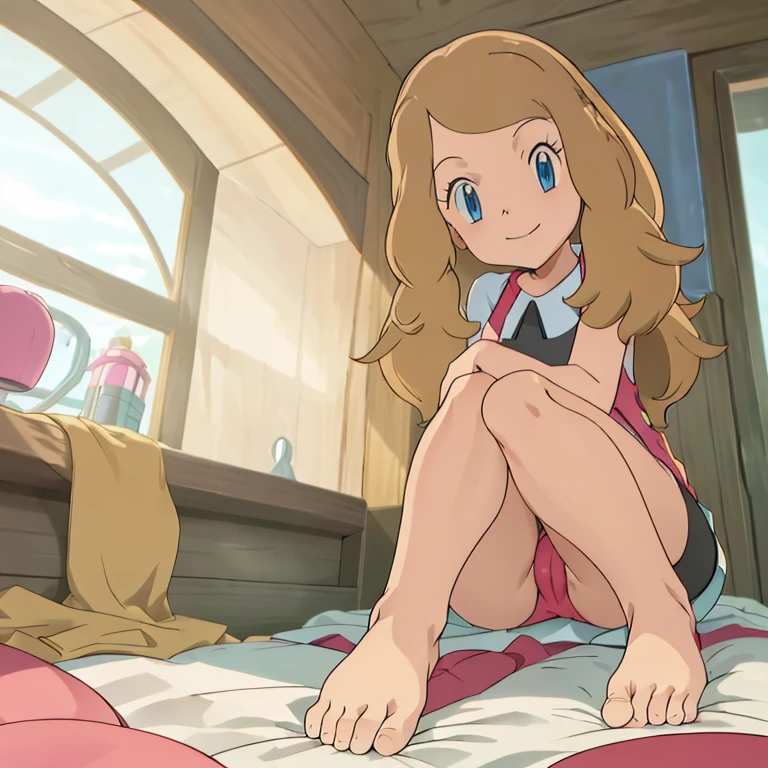 masterpiece, best quality, highres, girl's room, 1girl, solo, serena (pokemon), seductive, underwear, looking at viewer, bare legs curled under, bare feet, side, seated on the bed, closed mouth, smiling.
