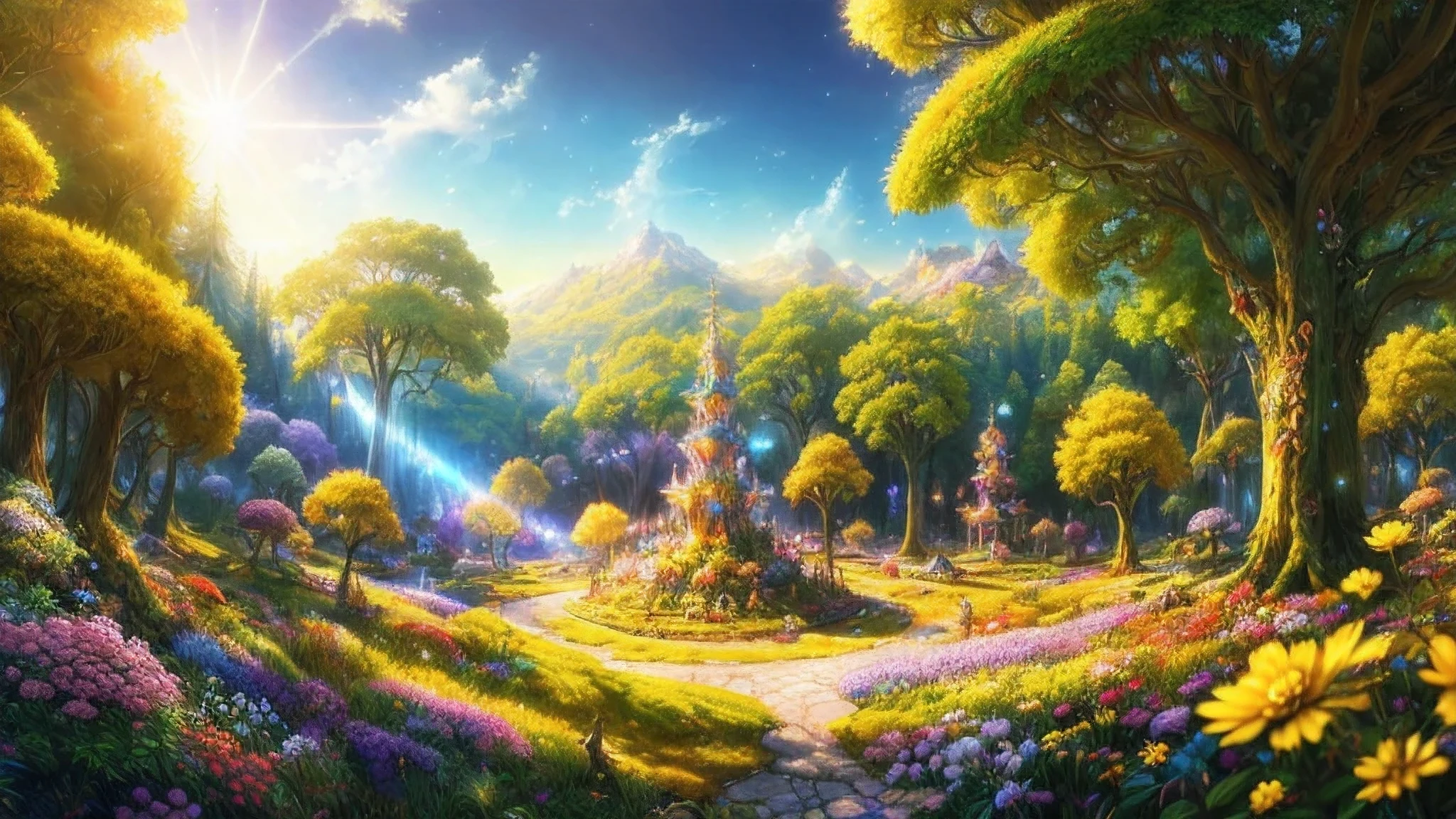 panorama, center, masterpiece, best quality, ultra detailed fantasy art, realistic background painting, Abstract background, Photon Mapping, fantasy world, Mysterious, The forest where fairy live, Many trees and colorful flowers grow here, feathers fall, crammed golden ornaments, holy light shines in