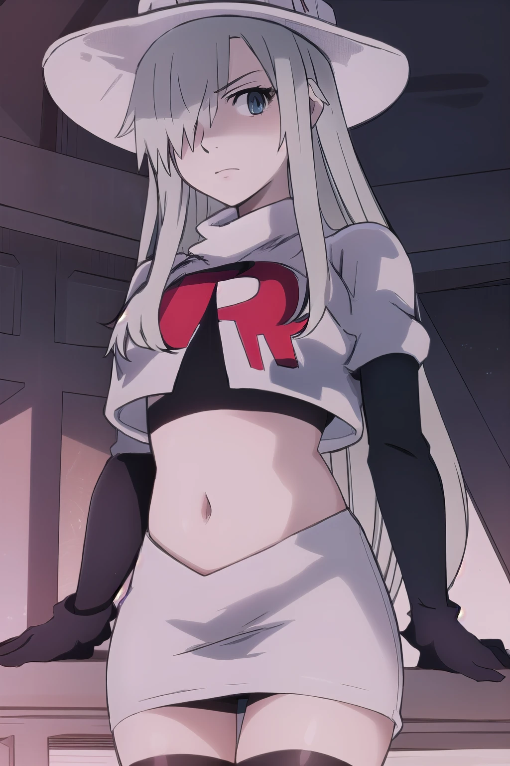 WBC, 1girl, solo, looking at viewer, hat, team rocket,team rocket uniform,white skirt,red letter R,crop top,black thigh-highs,black elbow gloves, fine detail, perfect quality, good quality, masterpiece, HDR, UHD