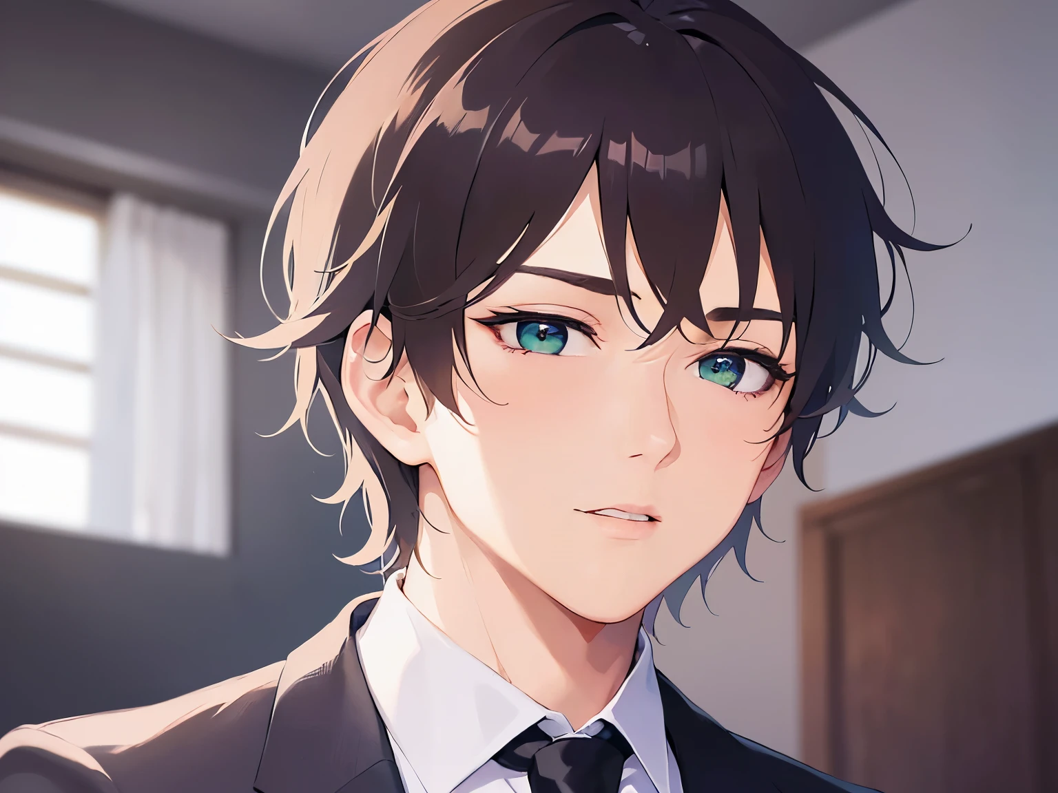 Perfect Face、Upper body, masterpiece、highest quality、(25-year-old male:1.5) and (Brown short hair) and (Green Eyes), (Wearing a suit:1.5)、Wearing a white shirt、Wearing a blue tie、Are standing、confused、Background is an office room、(Alone:1.5)、