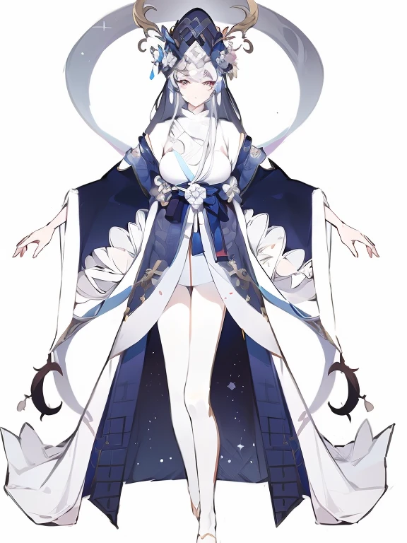 anime girl in a blue dress with a white cape and a sword, lunar themed attire, astral witch clothes, ((wearing aristocrat robe)), full body xianxia, full body adoptable, outfit design, flowing magical robe, character adoptable, clear outfit design, anime full body illustration, ((a beautiful fantasy empress)), full body concept, white haired deity