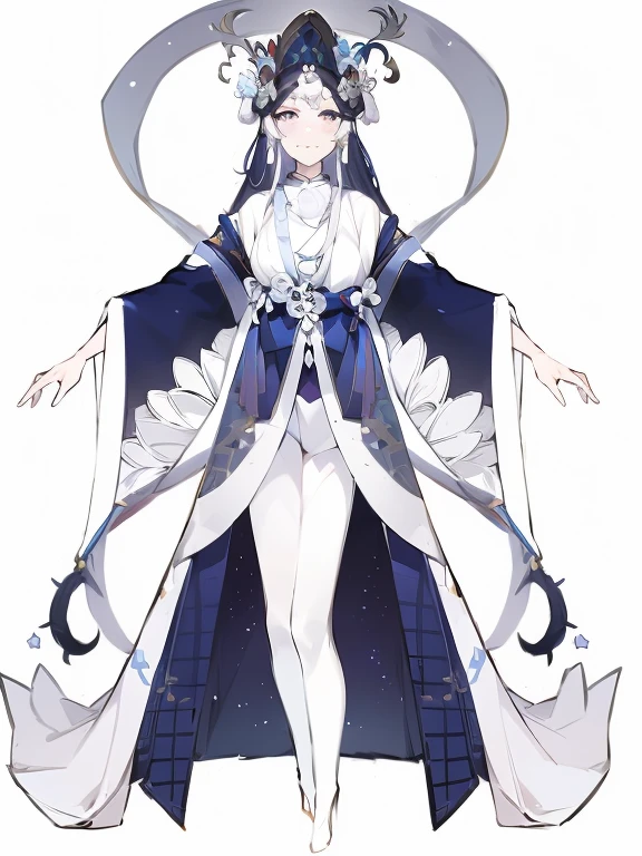 anime girl in a blue dress with a white cape and a sword, lunar themed attire, astral witch clothes, ((wearing aristocrat robe)), full body xianxia, full body adoptable, outfit design, flowing magical robe, character adoptable, clear outfit design, anime full body illustration, ((a beautiful fantasy empress)), full body concept, white haired deity