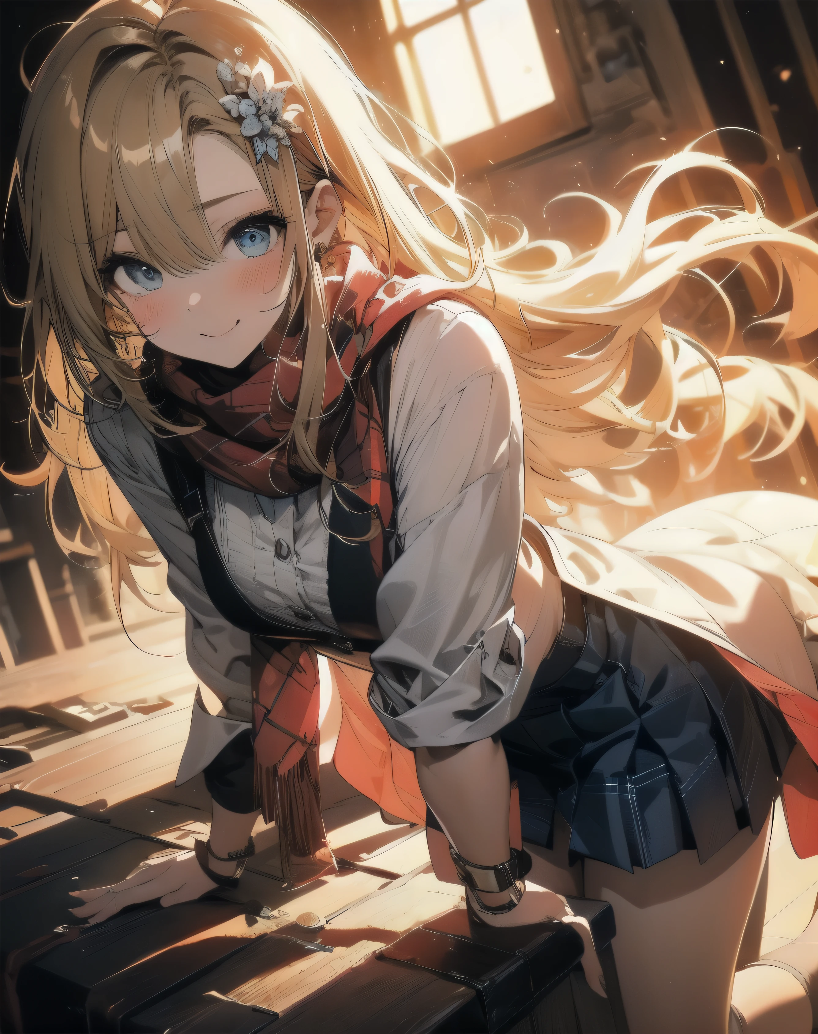 high resolution、8K、（（A sophisticated eye、Elaborate line art）），（Red pupils），Anime girl with blue eyes and white hair，There is a blue flower in her hair, (masterpiece),(highest quality:1.2),1 girl,(Masseter muscle area:1.3),Exquisite detail, highest quality 8K resolution, Very detailed, Realistic, Bright colors, Soft tone, Warm and gentle lighting,(Beautiful checked scarf:1.3),(Pleated pink ruffled ribbon dress,) (Brown long coat:1.2) evening,Big Sunset,(Smooth and straight blonde hair:1.2),(Hair parted in the middle:1.3),(Shiny Hair),(Dark blue eyes:1.3),White skin, Valletta,Overflowing with soft and gentle feelings,(The promenade is full of flowers),The sun shines with joy and pure love, Warm golden glow,The atmosphere is full of happiness and laughter, that&#39;It&#39;s like celebrating love.,Ultra-detailed depiction and attention to bright colors. A style that combines romanticism and realism、Feel the depth of love,Color Palette,dream-like, A fantastic atmosphere,Lighting is soft and diffuse, Put a gentle light on your face,The work is a masterpiece,