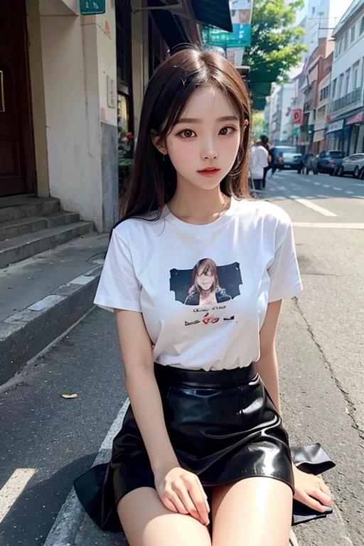 beautiful girl, sitting on the street, wear short shirts, ultra-short skirt, elegant face, glowing smooth skin, Ánh nắng rực rỡ, The photo exudes youthfulness, full of vitality of a growing girl. The shirt and skirt are made of shiny leather, Beautiful colors. The girl's shirt has rainbow colors, thêu hoa gấm chi tiết. Next to the girl there is a can of beer.