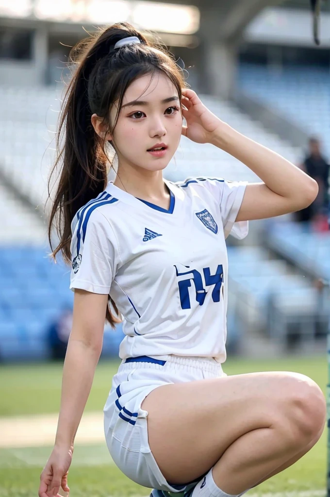beautiful detail, best quality, 8k, highly detailed face and skin texture, high resolution, cute asian girl in white soccer uniform at stadium, sharp focus