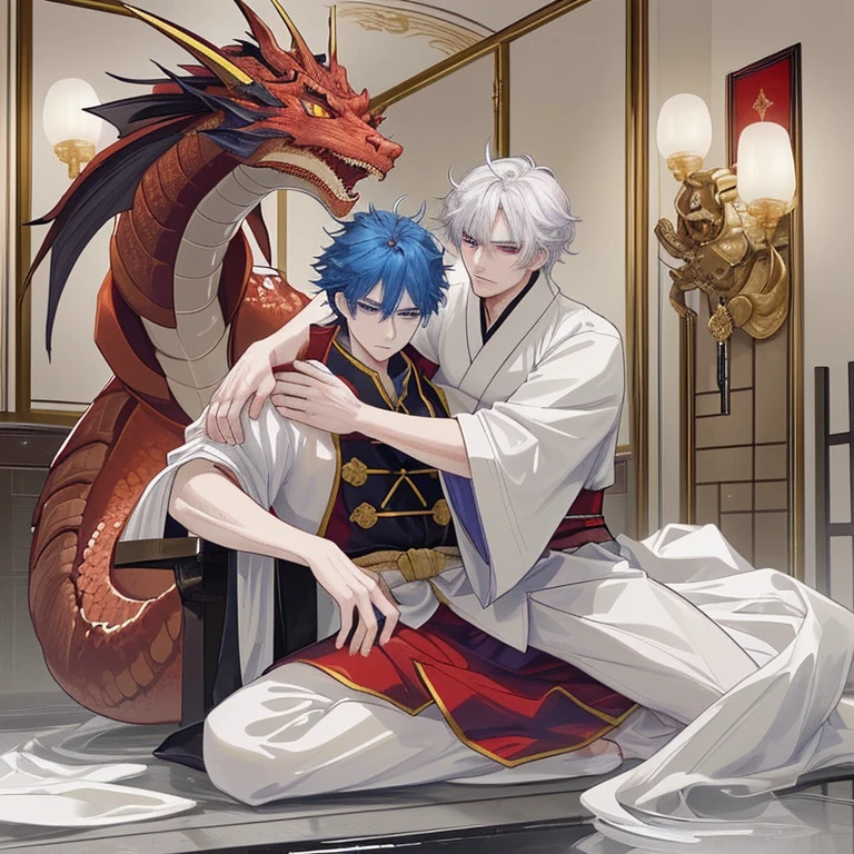 Look like 20yr human man but is can turn into a Samurai Dragon (https://www.dragon-mania-legends.wiki/wiki/Samurai_Dragon), gender is male, his Hair color is Royal Blue, his Eye Color is brown gold, covered in a lavish set of lamellar armour. Rich tones of gold, deep red, and creamy white are used to create a suit worthy of a traditional Samurai warrior, without his helmet, he has sworn an oath to protect his Emperor (https://www.dragon-mania-legends.wiki/wiki/Emperor_Dragon). Everyone finds its loyalty an endearing quality... up until it tries to protect his male Emperor from bath time, he always there with his Emperor even defend his from everything and ever defend his from bath time maybe because he hate it,