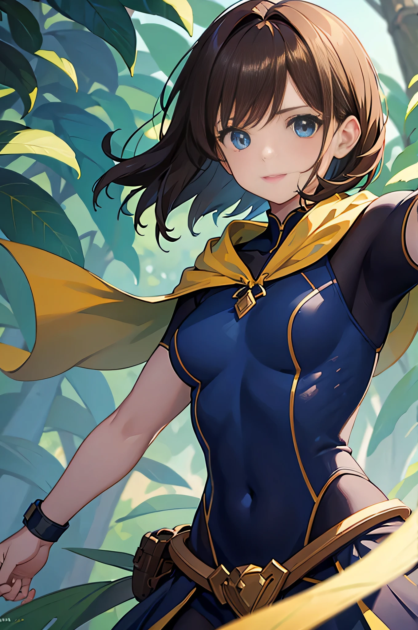 1girl, leaf background, dutch angle, upper body, blue eyes, very short hair, {two side up}, brown hair, biceps, hooded cloak, body suit, happy