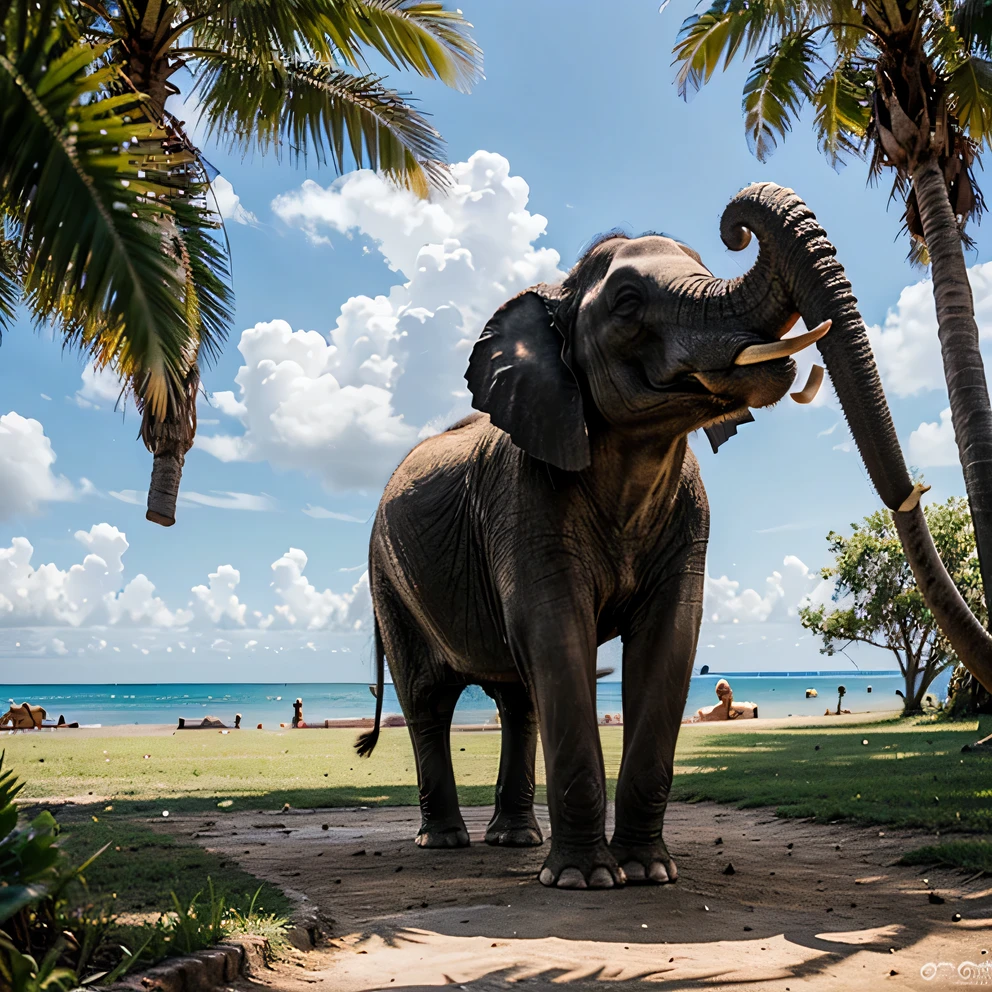 Elephant with a little one in a paradise