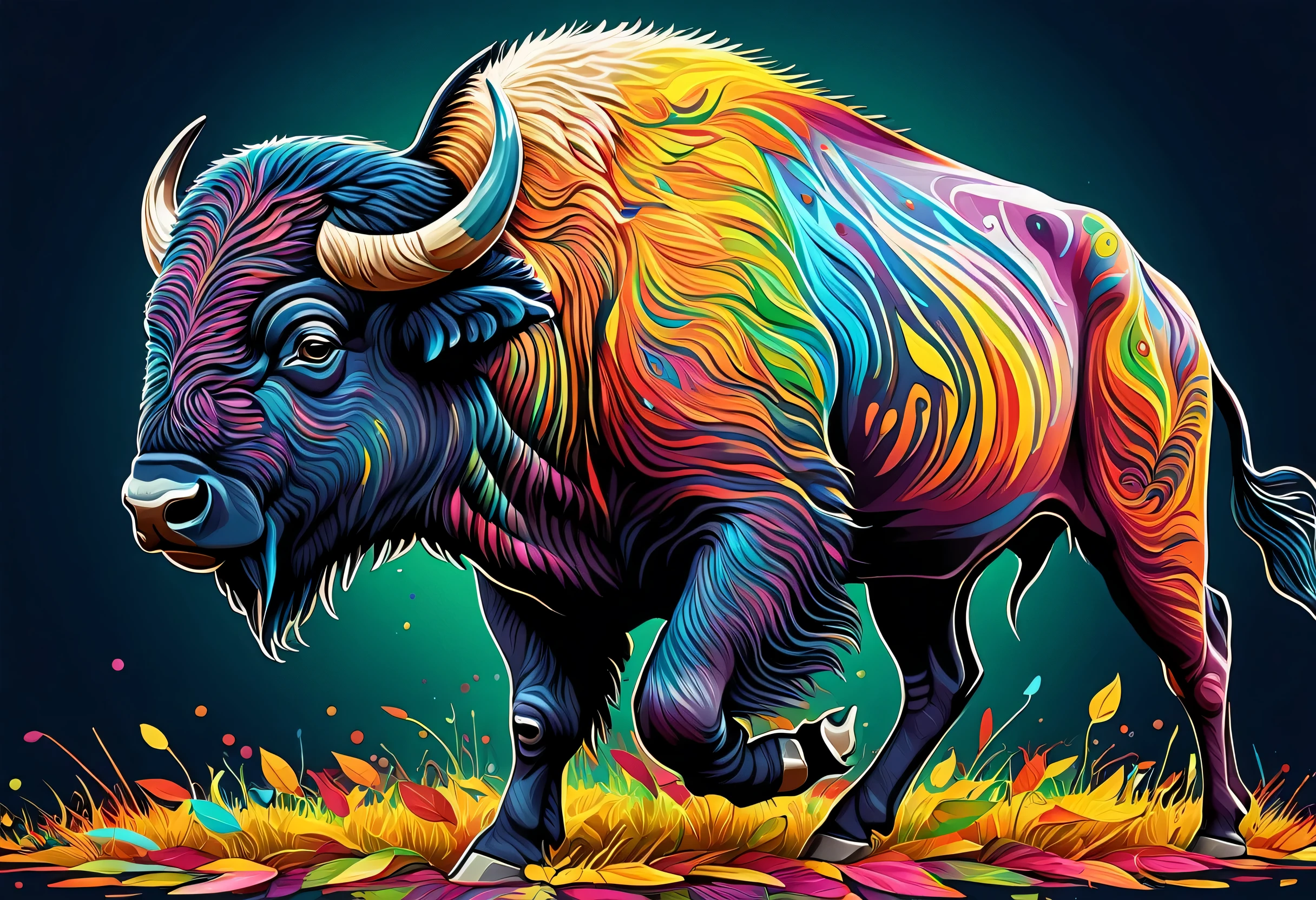 A running Buffalo with colorful paint on its body and leaves, vector art：Zahari Zograf, Trending on Pexels, psychedelic art, Rich in color and detail, A complex and colorful masterpiece, art：Alessandro Pautasso, very complex and colorful, colorful hd images, A colorful and intricate masterpiece, High quality HD digital art, great digital art, very colorful