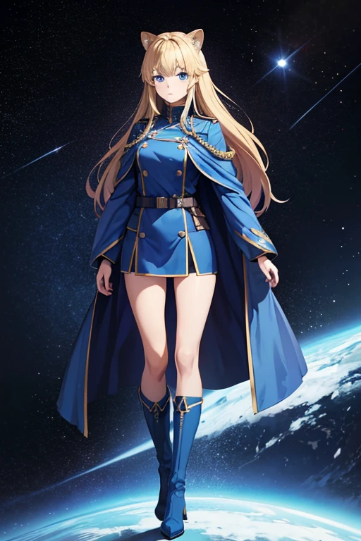 Anime Art、Full body portrait、Space SF General、A woman around 46 years old, standing upright, about 175cm tall, wearing a blue military uniform and with lioness-like ears.、Expressionless、Blonde with straight long hair、wearing a blue cloak、Blue Eyes、gloveilitary boots