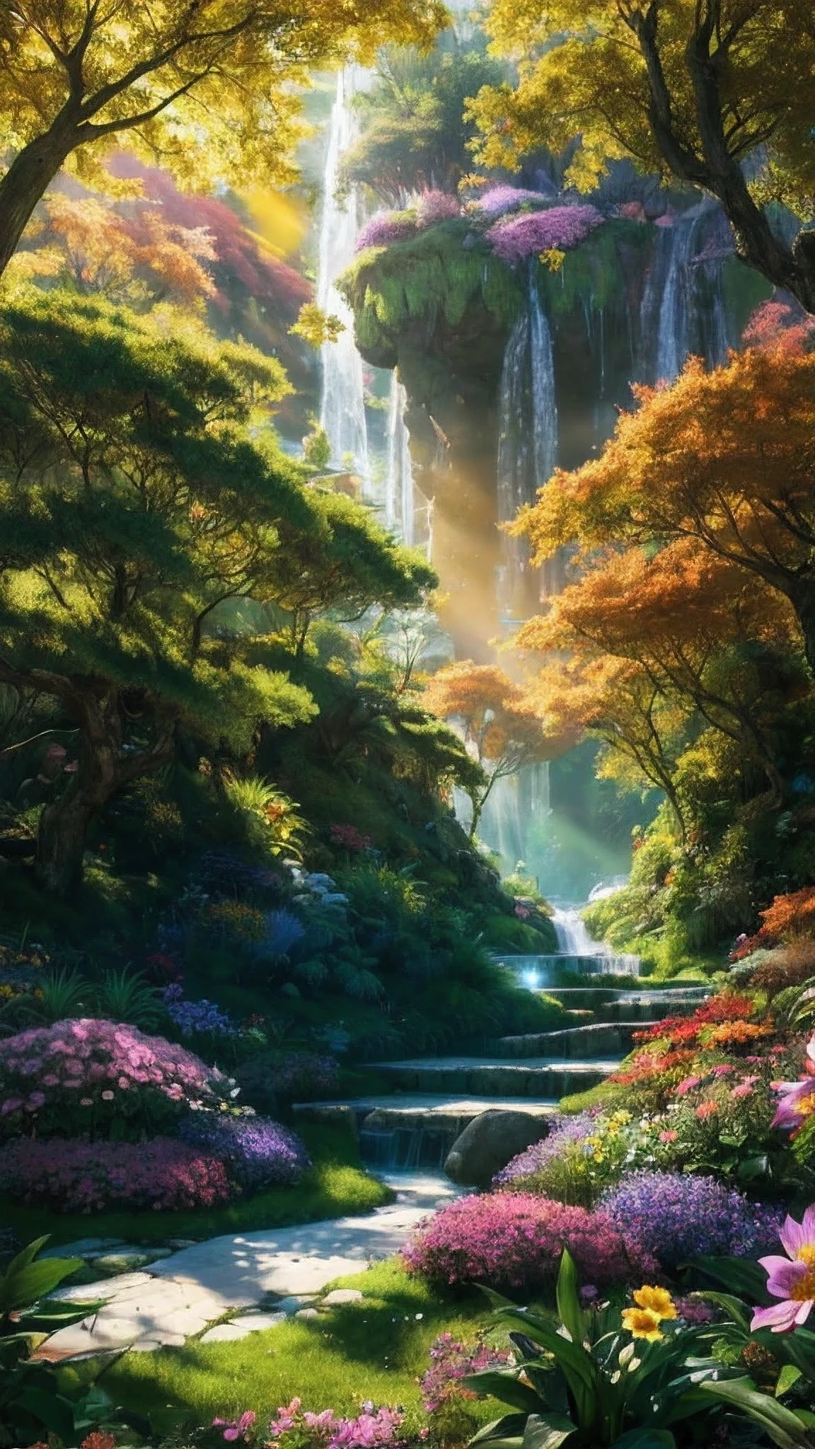 panorama, center, masterpiece, best quality, ultra detailed fantasy art, realistic background painting, Abstract background, Photon Mapping, fantasy world, Mysterious, The forest where fairy live, Many trees and colorful flowers grow here, feathers fall, crammed golden ornaments, holy light shines in