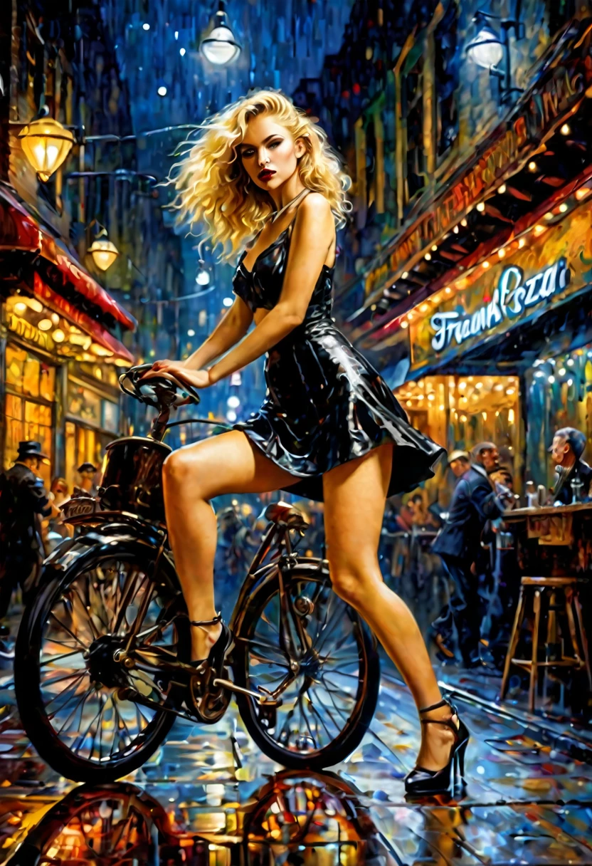 1 young woman、Blonde、Dancing jazz、serious Face、dancer、Deep shadows、Oil painting style、Jazz bar background、 Dramatic Lighting, Extremely true, 8k, Crazy details, Wheels within wheels, Bokeh, Shot with a 60mm lens, ISO 300, F/4, 1/200th, Bright colors, Pino Deheny, Vincent Van Gogh, Luis Royo, Frank Frazetta