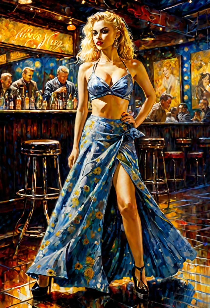 the sexy girl at the fair, long hair, small breasts, tight miniskirt, cleavage, very sexy, lascivious,(art inspired by Bill Sienkiewicz ). oil painting)
