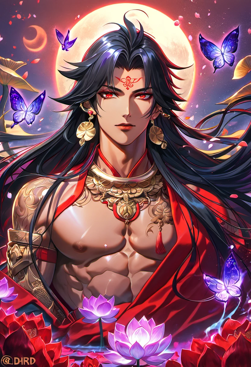 (absurdres, highres, ultra detailed, HDR), master piece, best quality, vibrant red eyes, 1man, handsome face, Asura, tanned skin, black untamed long hair, black hair, red lotus mark on the forehead, red tunic, showing the chest, lotus earrings, onmyoji, moon, purple flames, purple butterflies, petals