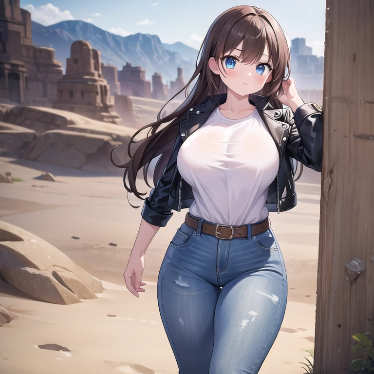 ((Masterpiece)), (Best Quality), (Perfect Lighting), (Perfect Shadows), (Solo), (SFW), ((Accurately Detailed)), Empty hands, Accurate Posture, Perfect Facial Expressions,       A young-Adult Girl, with Long Dark-Brown hair, Beautiful Blue eyes, wide hips, (Gigantic Breasts), (Extremely Huge Ass), and is slightly short. Wearing an (old weathered Dark-Brown Leather Jacket), a White Shirt, weathered worn Jeans, a Brown Leather Belt, and weathered Grey Boots. She is walking and searching for something in the Desert, so her clothes are dusty and have sand on them, and hasn’t seen any yet. With a cautious pose and confident but scared expression. 