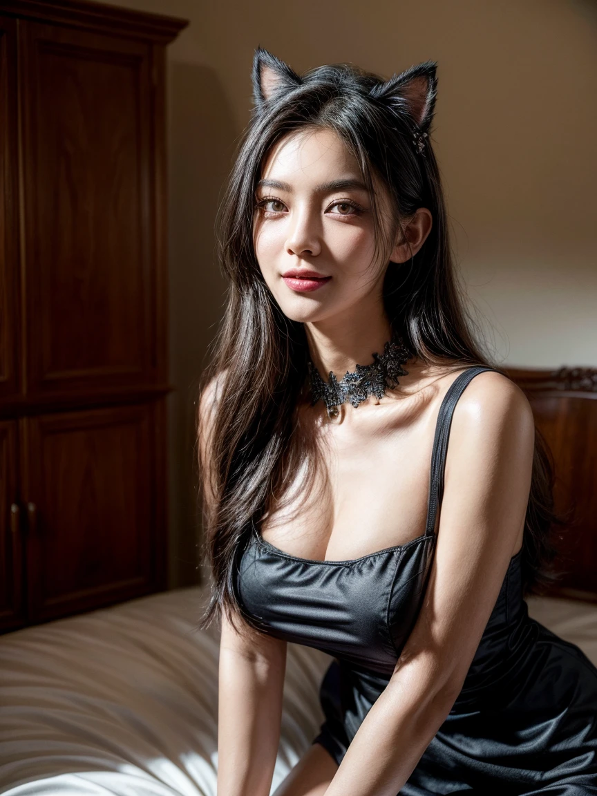 With woman in black jacket and black lingerie、Woman looking at Alafe sitting on bed、As if Lisa Simpson came back to life, leaked image, leaked photo, at instagram, dilraba dilmurat, ruan cute vtuber, cartoonish cute, Hannah Alisa Omale, Instagram, Larisa Manobal, eva elfie, katelynn mini cute style、huge-breasted、sensual breasts、Sensual body、Glaring eyes、short-cut、Cat ear headband、Hotels with luxury chandelier、It looks like it was shot with a high-performance camera、Smiling、sensual smiling、