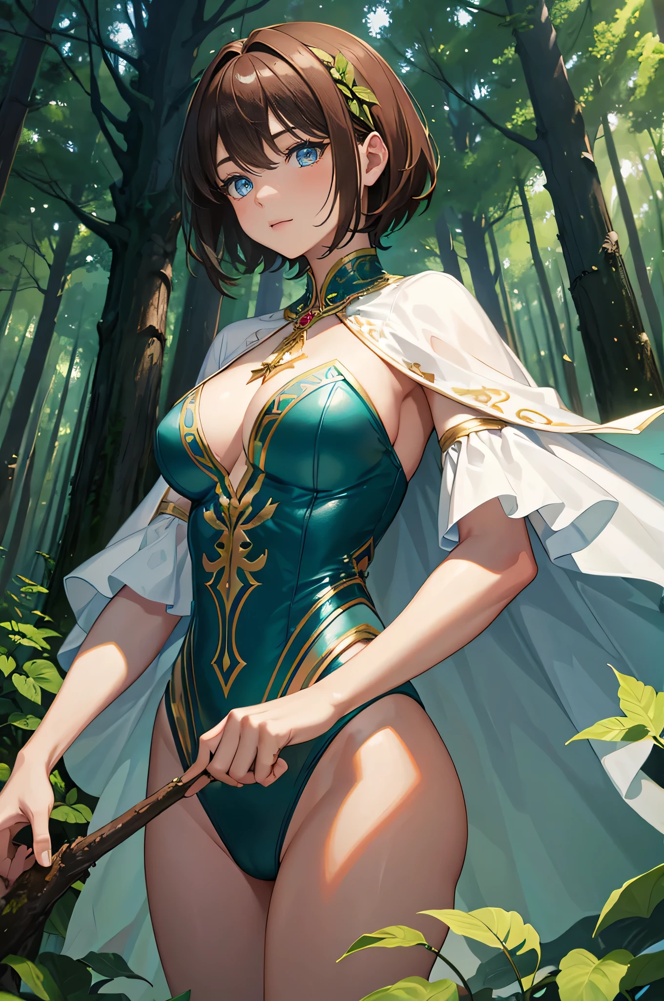 A mystical forest with giant trees and magical beings hidden among the branches, 8K, high quality, 1girl, leaf background, dutch angle, upper body, blue eyes, very short hair, {two side up}, brown hair, biceps, hooded cloak, thong leotard, happy