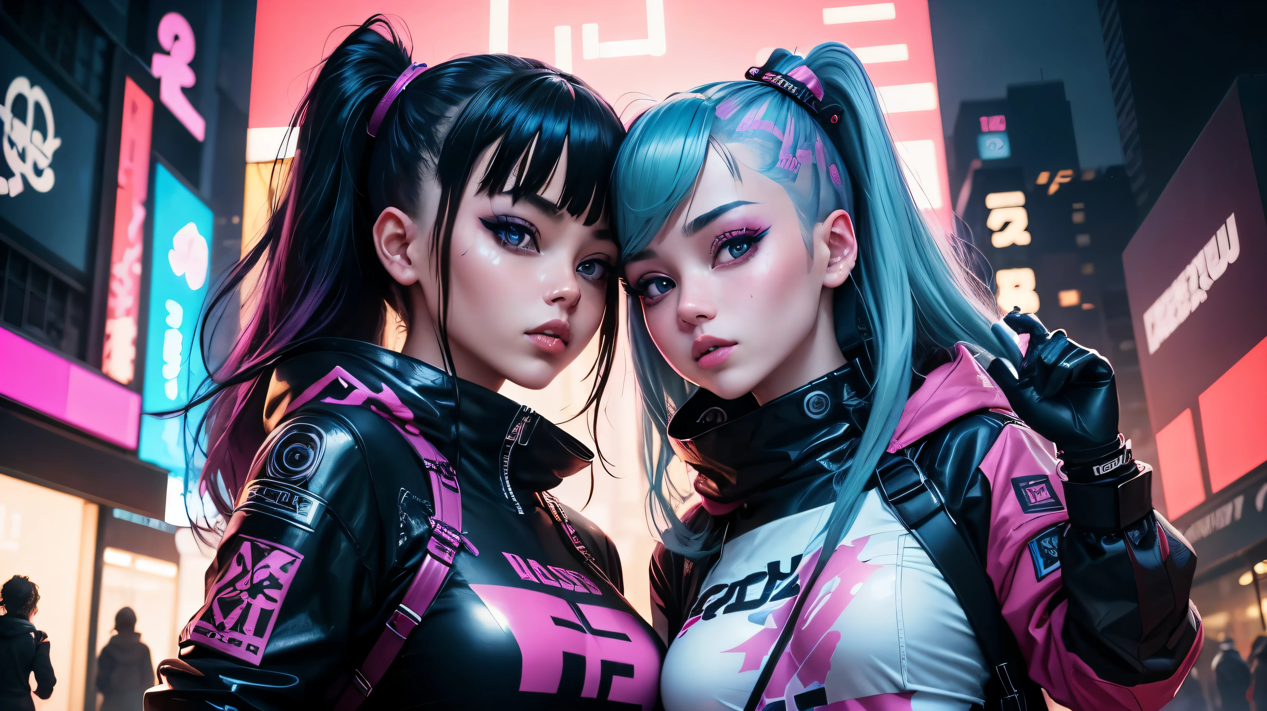 masterpiece, highest quality, 2 ((kiss)) Cyberpunk girls standing together taking selfie portrait, Harajuku style cyberpunk clothes, Bold colors and patterns, eye-catching accessories, Trendy and innovative hairstyles, Dazzling cyberpunk cityscape, skyscraper, glowing neon sign, led lights, anime illustration, fine skin texture, fine cloth texture, beautiful detailed face, intricate details, Super detailed, cinematic lighting, strong contrast.