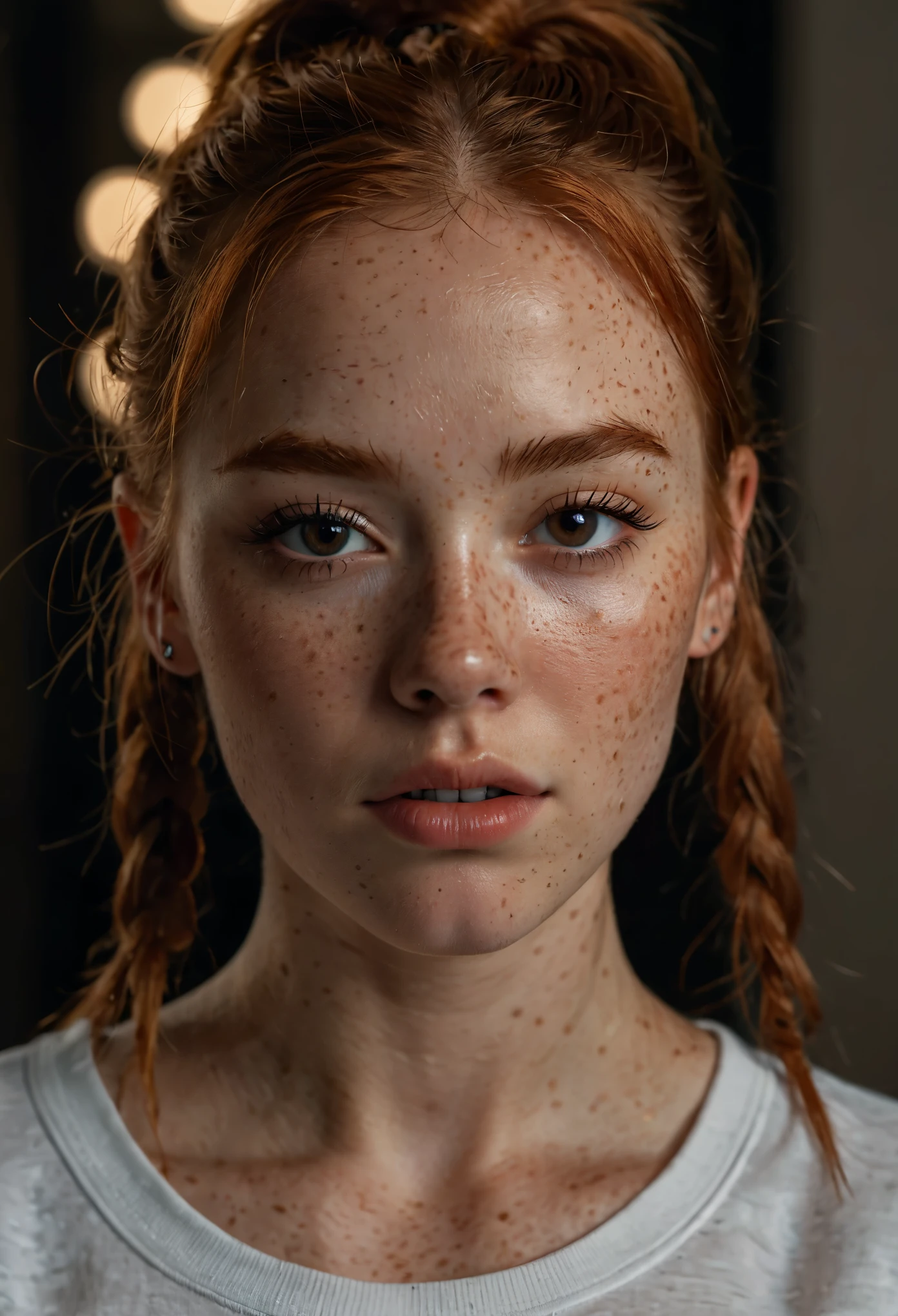 photo,8k,sharp focus,beautiful woman,close up,t-shirt,(detailed eyes:0.8),(looking at the camera:1.4),(highest quality),(best eyeshadow),brown eyes,rim lighting,two tone lighting,dimly lit,low key,intricate details,interior,ponytails,ginger hair:1.3,open mouth:0.7,freckles, photo, (realistic:1.3), 8k,