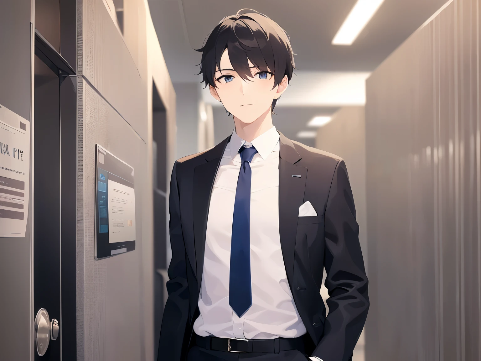 Perfect Face、Upper body, masterpiece、highest quality、(25-year-old male:1.5) and (Brown short hair) and (Green Eyes), (Wearing a suit:1.5)、Wearing a white shirt、Wearing a blue tie、Are standing、confused、Background is an office room、(Alone:1.5)、