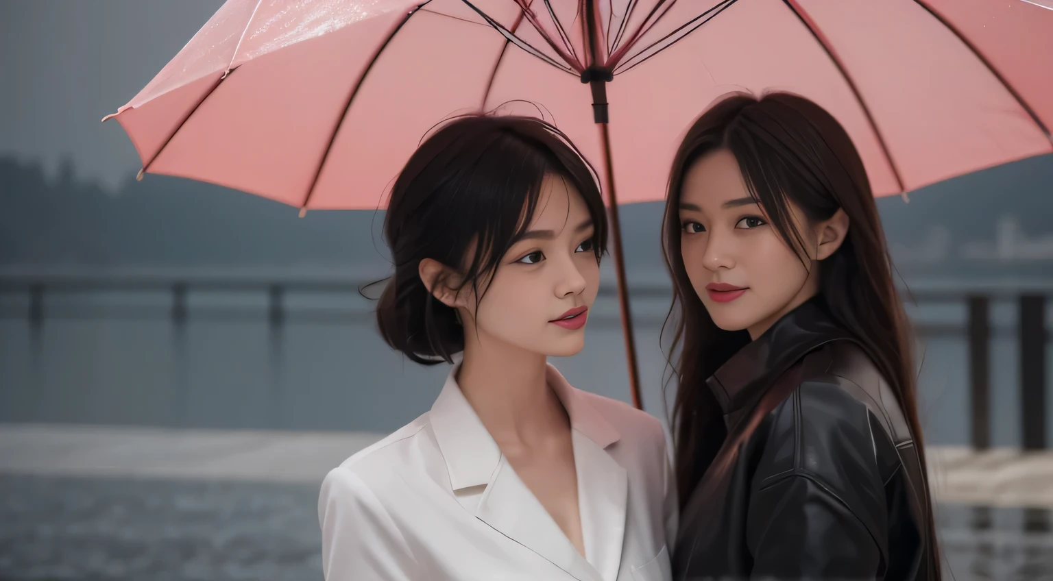 black hair, hair bobbles, wince, longeyelashes, solid circle eyes, light smile, ear blush, fang, Surrealism, drop shadow, anaglyph, stereogram, tachi-e, pov, atmospheric perspective, 8k, super detail, ccurate, best quality，there are two people walking in the rain with umbrellas, rain, Artwork in the style of Guweiz, guweiz, guweiz and Shinkai Makoto, By Yumi, in the rain, After the Rain，No Girls, rain!, Stormy Weather. Shinkai Makoto, gloomy. by Shinkai Makoto, rainy day