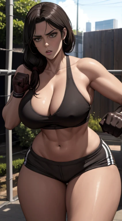 one girl, big sized breasts, cleavage, boxing gloves, MILFs, thigh legs, angry expressions, anger face, sweating, muscular arms, shiny skin, wet body, wet hair, Long black hair, hair over shoulder, brown eyes, sports bra and shorts, boxing gloves, perfect curvy shaped body, sports bra and shorts ,boxing gloves, ultra realistic squinting sexy eyes , sports bra and shorts and boxing gloves, , massive sized breasts, both are standing, thigh legs, brown colour eyes, ultra realistic detailed shiny brown eyes, beautiful and perfect face, sunlight and garden background, black hair, bright brown colour eyes