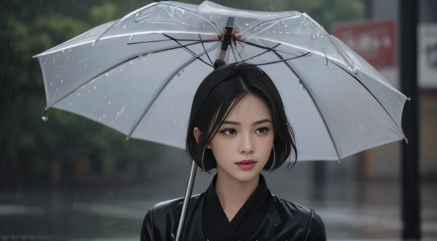 black hair, hair bobbles, wince, longeyelashes, solid circle eyes, light smile, ear blush, fang, Surrealism, drop shadow, anaglyph, stereogram, tachi-e, pov, atmospheric perspective, 8k, super detail, ccurate, best quality,there are two people walking in the rain with umbrellas, rain, Artwork in the style of Guweiz, guweiz, guweiz and Shinkai Makoto, By Yumi, in the rain, After the Rain,No Girls, rain!, Stormy Weather. Shinkai Makoto, gloomy. by Shinkai Makoto, rainy day