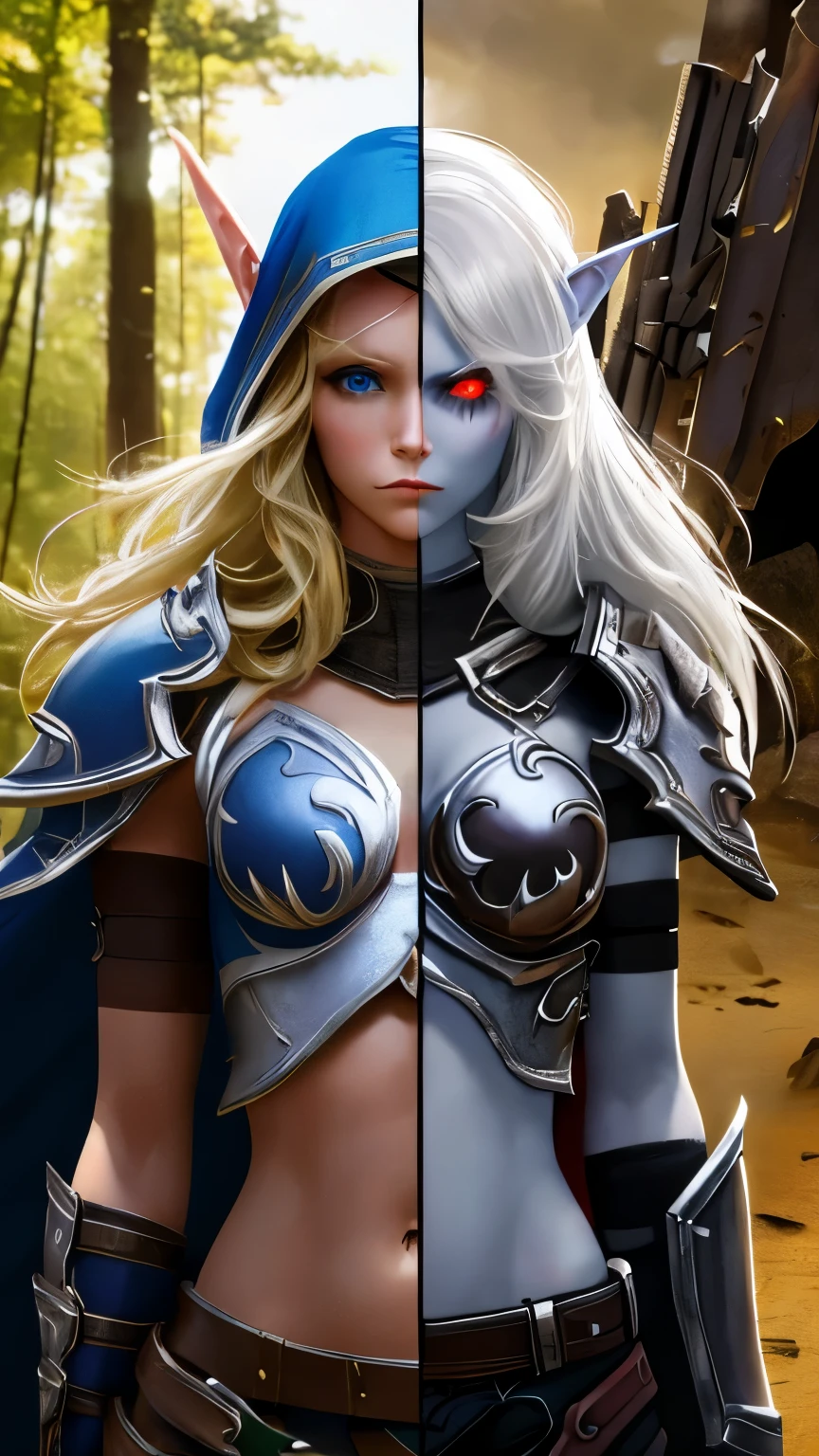 (Highly quality, highly resolutions, highly quality, masterpiece) Graveyard background, SplitScreen, split screen, 1girl, pointy ears, long hair, hood, breastplate, pauldrons with white skulls, gloves, grey skin, red eyes, armor, cape, pants, white hair, midriff, glowing eyes, black tears, undead