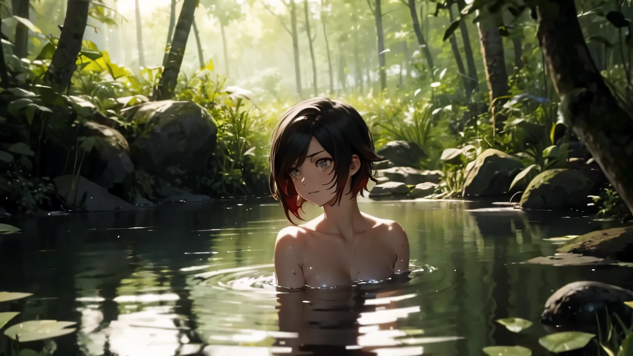 ruby_rose, naked, partially submerged, bathing in a pond, forest