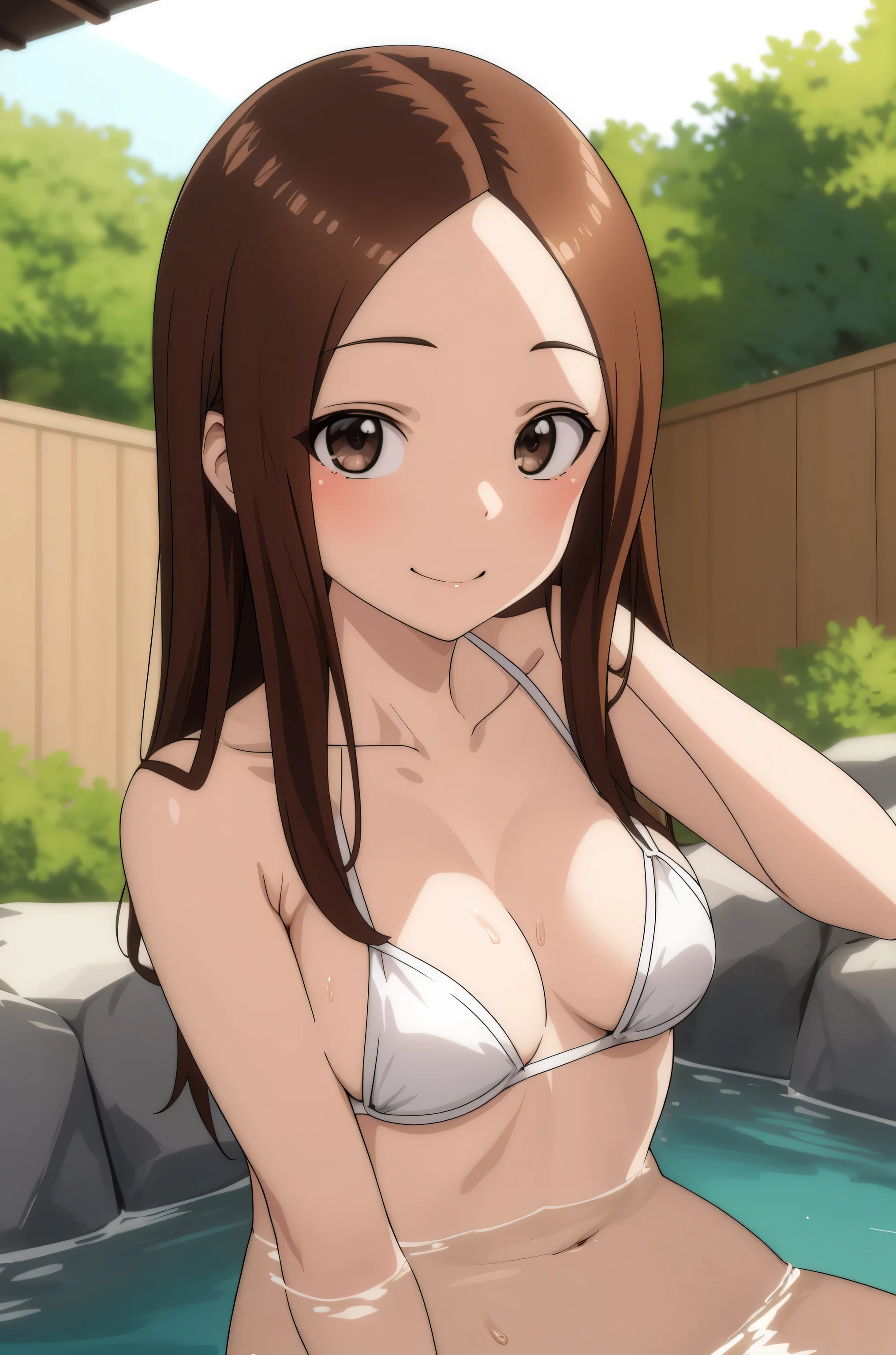 (8k, masterpiece), high resolution, best quality, takagi1, bathing naked in an outdoor onsen, giving a cute and sexy smile, spectacular dynamic lighting, vivid colors, beautiful eyes, delicate face, detailed skin, detailed hands, detailed breasts,