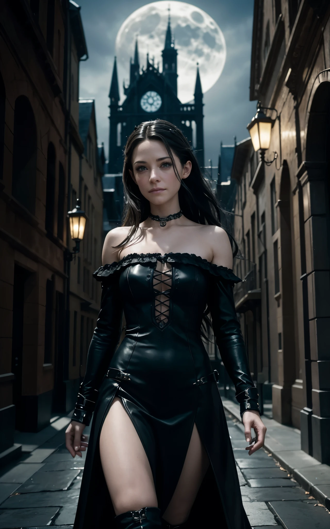 (Best Quality, Masterpiece:1.4), (Realism:1.2), (Realisitc:1.2), (Absurdres:1.2), (photorealistic:1.3), 1 girl,Realistic Skin,Solo,( Very Big Eyes,beautiful detailed eyes, symmetric eyes,), full body, outdoors, a2 nierautomata, gloves, black gloves, elbow gloves, mole, tank top, hair between eyes, long dress