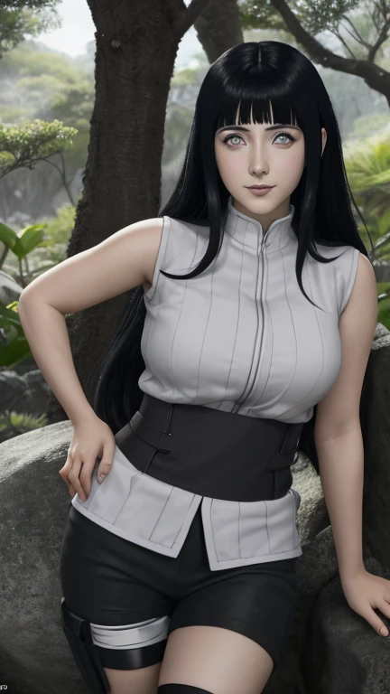 En el cautivador mundo de Naruto Shippuden, existe la encantadora figura de Hinata Hyuga, cuerpo completo, su cara es bella y realista sus ojos son con iris blanco con una pupila negra ultra definidos y detallados, su cuerpo es sensual y joven. Su cabello negro obsidiana cae en cascada sobre sus hombros. Sus mejillas con rubor dejan ver su inocencia y timidez. In the background a tree that drops green leaves, se encuentra posando agachada con las piernas abiertas de frente al espectador, mirando de frente dejando ver sus ropa interior color negro,  sus grandes pechos desnudos son sosteniendos por sus manos que los presionan firme mente, with a penetrating look and a shy smile 