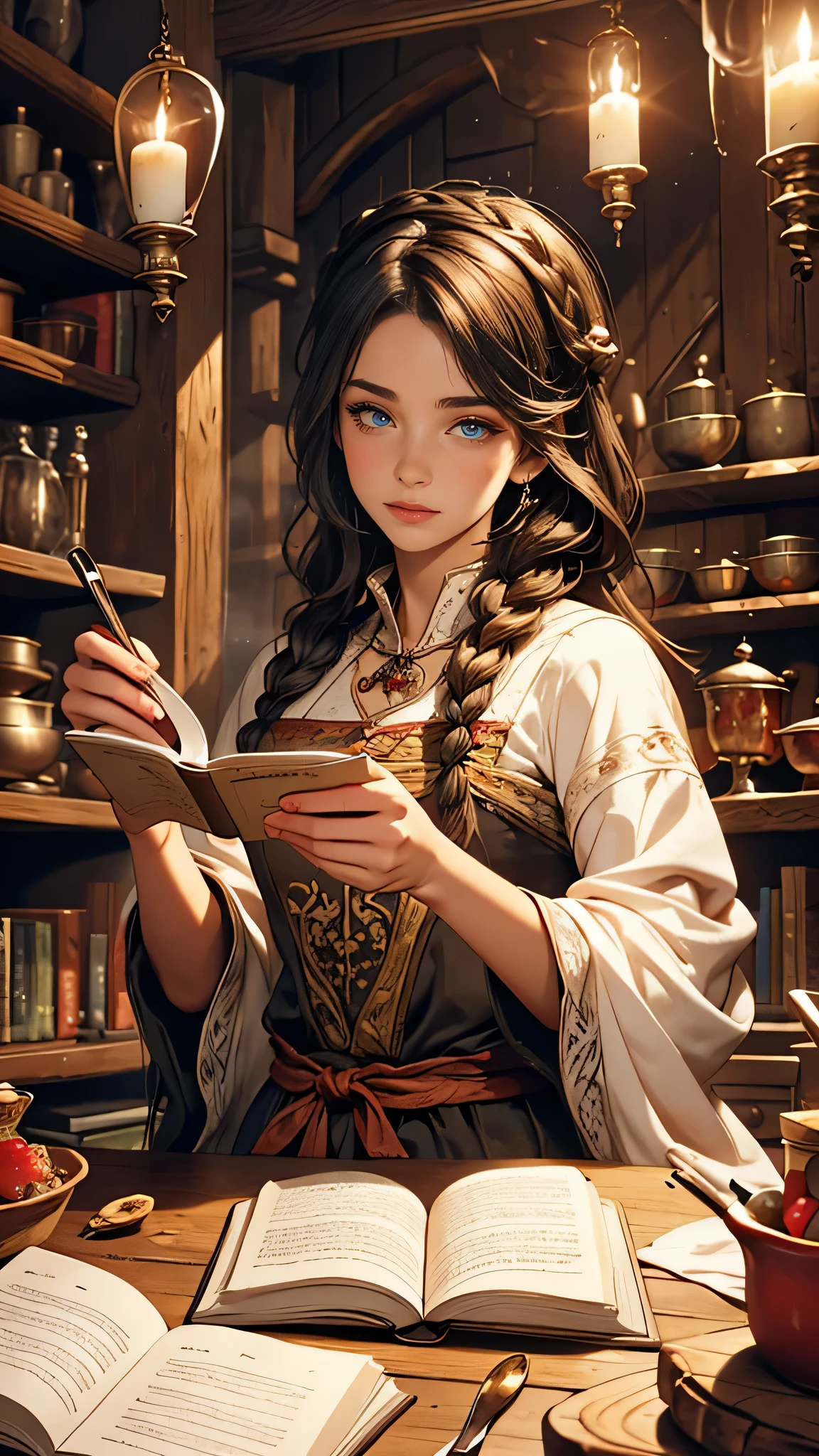 A girl with long black braided hair reading a cookbook in the kitchen, with various food ingredients in front of her, medieval fantasy theme, handmade illustration, beautiful detailed eyes and face, extremely detailed eyes and lips, long eyelashes, vibrant colors, highres, ultra-detailed, realistic, concept art style, warm and cozy lighting, wooden furniture and utensils, magical aura, flickering candlelight, authentic medieval costume, ancient bookshelves, mysterious atmosphere, culinary magic, swirling aromatic spices, ethereal glow, intricate lace apron, ornate cauldron, swirling steam, aged parchment pages, wisps of smoke, vibrant vegetables and fruits, alchemy of flavors, whimsical illustration technique, personalized handwritten notes, enchanting background, tantalizing aromas, mystical ingredients, meticulously painted details, magical recipe book, enchanted atmosphere, culinary creativity, atmospheric perspective.