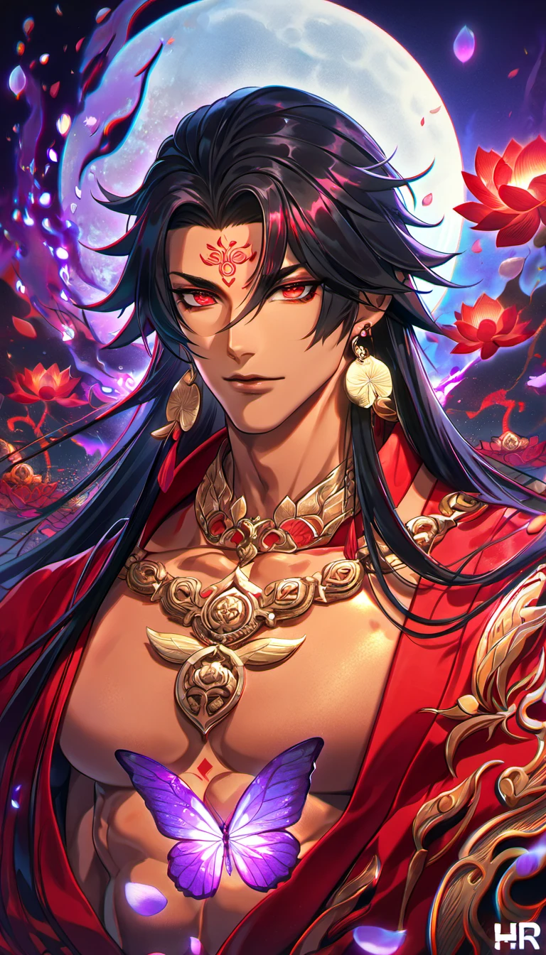 (absurdres, highres, ultra detailed, HDR), master piece, best quality, vibrant red eyes, 1man, handsome face, Asura, tanned skin, black untamed long hair, black hair, red lotus mark on the forehead, red tunic, showing the chest, lotus earrings, onmyoji, moon, purple flames, purple butterflies, petals