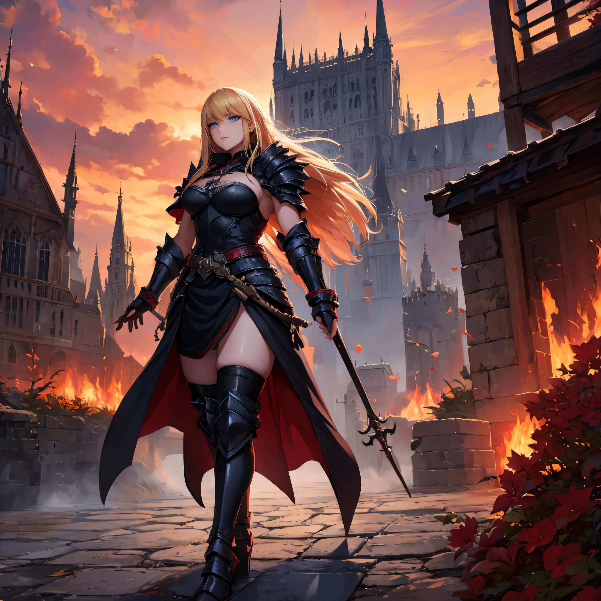 a woman wearing black heavy armor with red trim, iron cross on armor, black metal boots, black metal bracelets, red fur coat, long blonde hair, blue eyes, walking on a platform with a medieval castle with black structure , Red Sky, HDR, ultra resolution, well defined, masterpiece, 8K HD. (solo woman)
