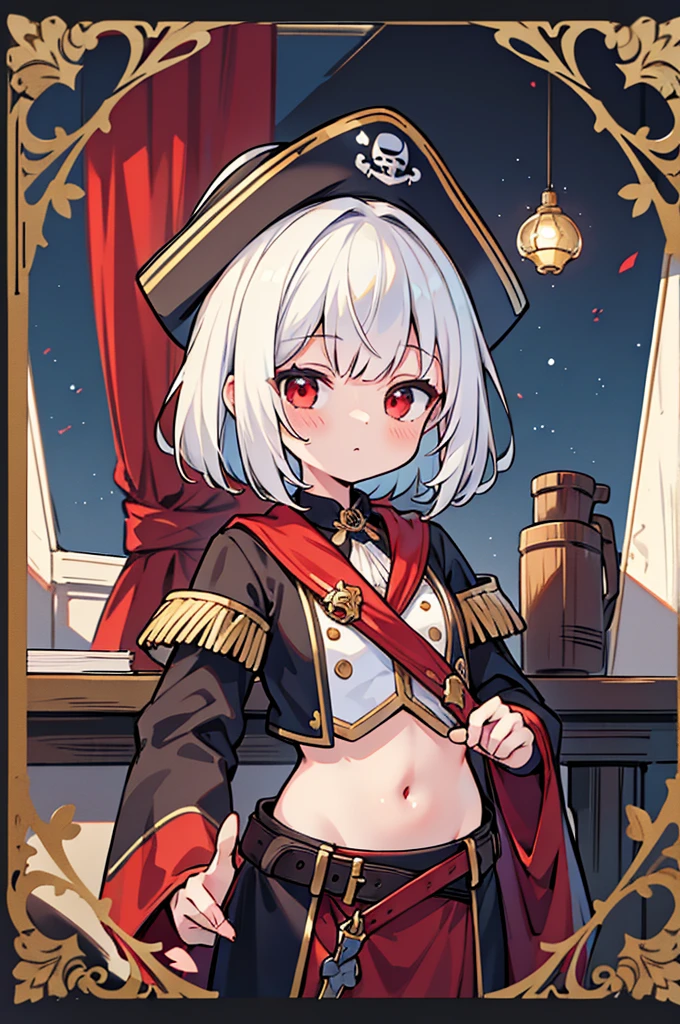 ray tracing,{best quality}, {{masterpiece}}, {highres}, original, extremely detailed 8K wallpaper, {an extremely delicate and beautiful},incredibly_absurdres,colorful,intricate detail, artbook, 1girl, solo, looking_at_viewer, upper_body, pirate girl, short white hair, small breast, normal hips, red eye, naval officer, pirate, dark red naval uniform, complex clothing, intricate detail, sunlight