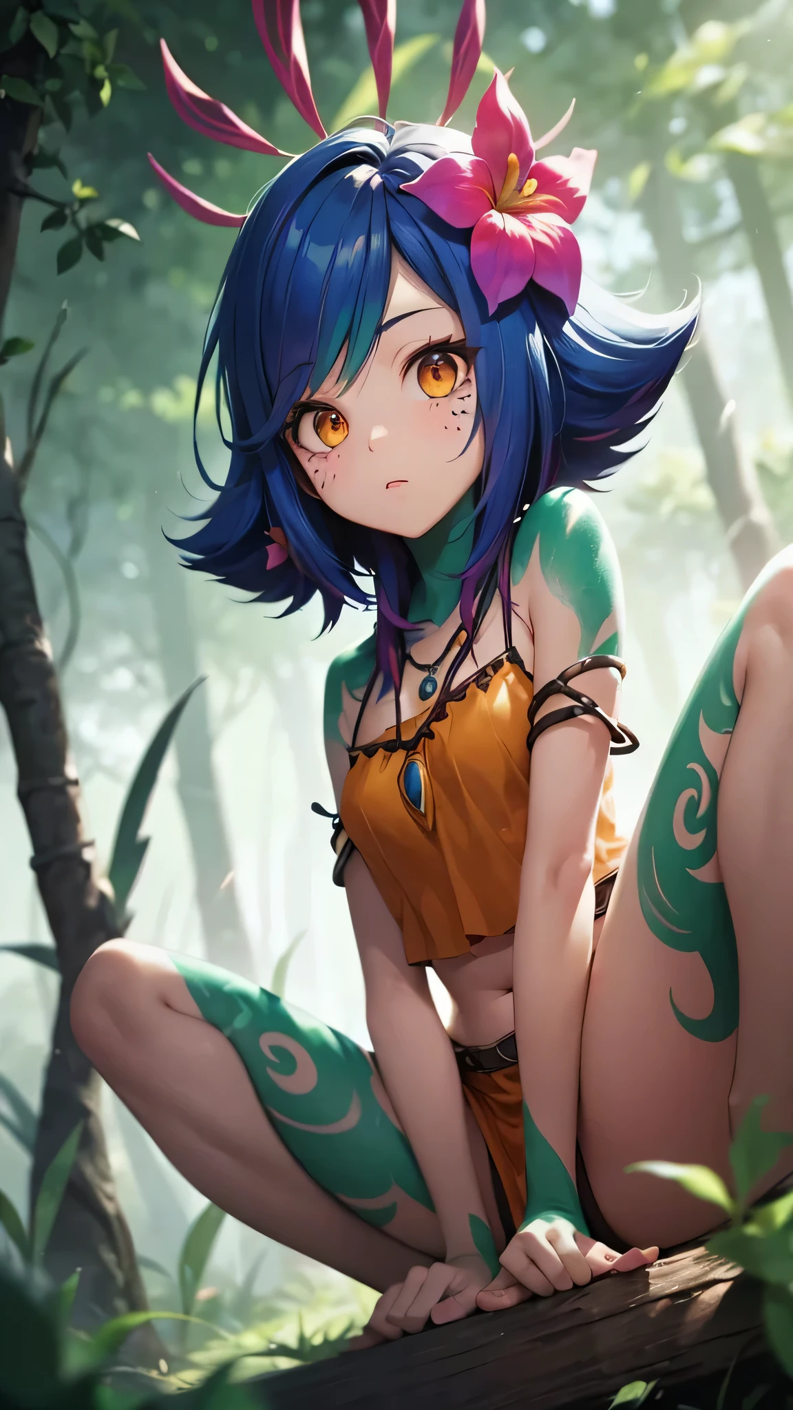 masterpiece,(best quality,top quality,8k),ultra detailed,illustration,painting,detailed eyes and face,anime style,(1girl),neeko, multicolored hair, colored skin,(short hair), facial mark, forehead mark, hair ornament, hair flower, necklace, brown crop top, Lizard tail,sleeping,(looking at viewer),(puffy eyes) ,good contrast , high sharpness,(gorgeous),RAW Photography,(hyperdetailed),jungle,forest,river