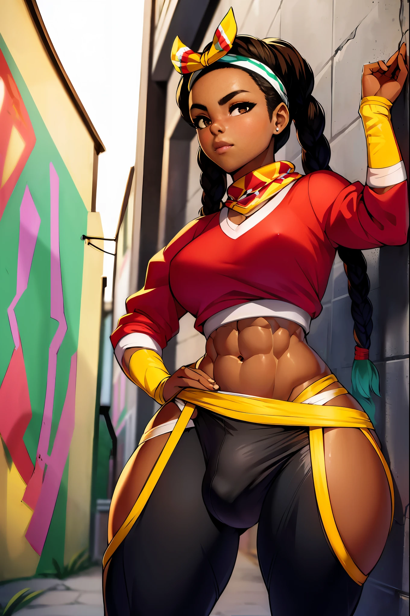 (solo:1.1),(masterpiece), (best quality:1.3), highly detailed, intricate, professional art, digital art, absurdres, Kimberly, 1girl, solo, black hair, braided pony tail hair, hair with coloured tips, African American, (dark skin:1.4), kimberly wearing a red top and bandana with pants posing in an alleyway with graffiti, abs, thick thighs, wide hips, crotch bulge, penis bulge, testicle bulge, , slender athletic body type, medium breasts, tall girl,
