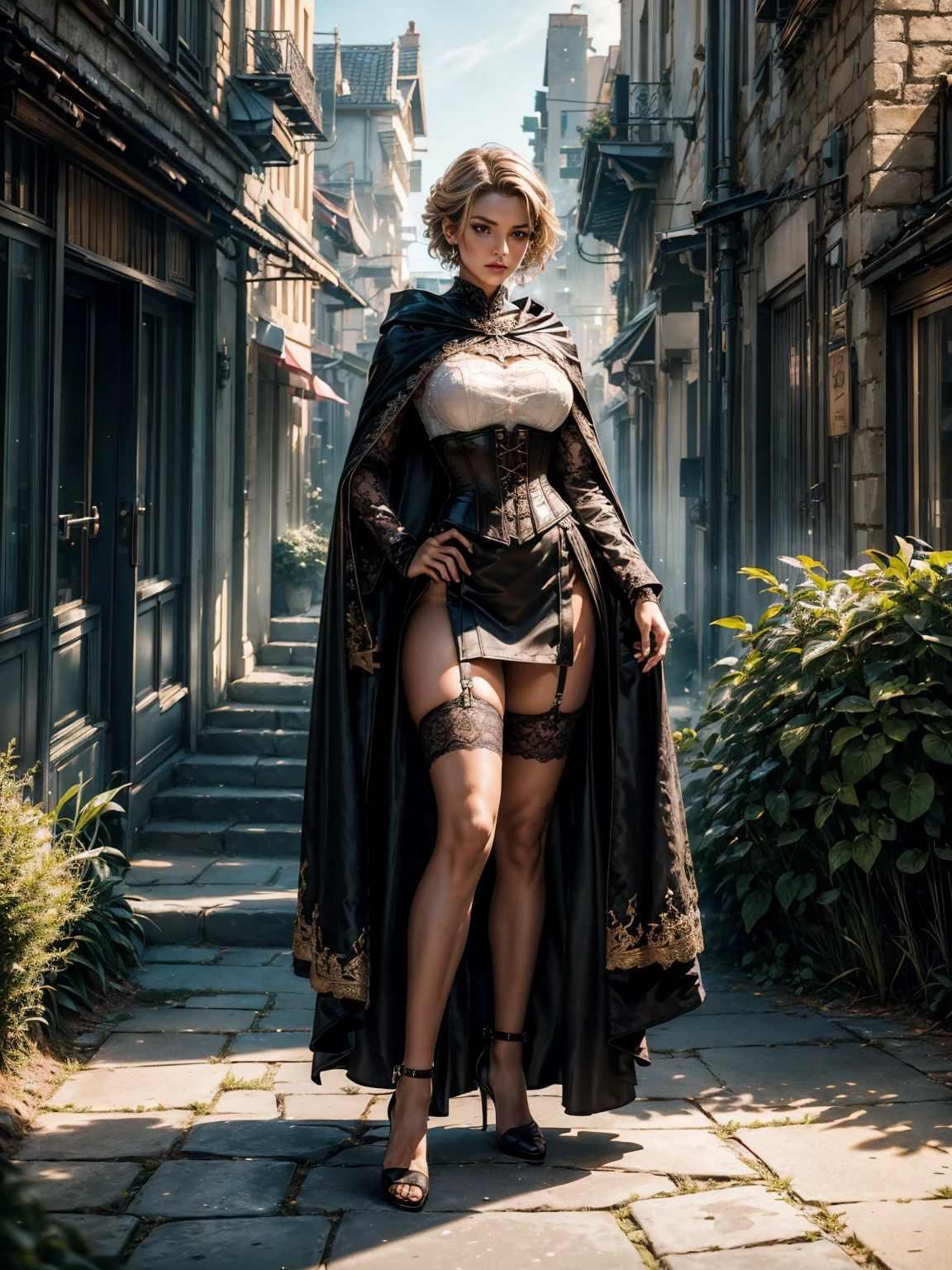 ((show full body from head to toe, standing, body facing to the viewer (show front body)). Tall body, fit body, slender body, medium breast. A female wizard wearing brown and white clothes, long sleeves(lace sleeves), skirts, corset, cloak, robes, cape, pauldron, gloves, stockings, show heels. short hair with updo. Masterpiece:1.5, illustration:1.1, best quality:1.5, fine detail, 4k, HDR, balance focused camera view, middle camera view, vertical scape camera, natural lighting, bright lighting, sunlight, sharp focus, smooth detail, HDR. Outdoor at a city road.