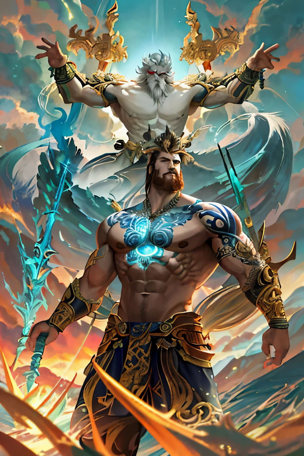In an awe-inspiring illustration brought to life by Sea Art's profound fusion of artificial intelligence and painting artistry, the mythical confrontation between Raijin, the God of Thunder, and Poseidon, the God of the Sea, unfolds before our very eyes. This masterpiece, imbued with extreme detail and ultra-high resolution, depicts the epic scene as it unfolds on the sun-drenched plains of ancient Sparta.
Raijin, the lightning-wielding deity, stands tall and resolute, his muscular form clad in flowing robes and adorned with intricate tattoos that signify his divine power.
