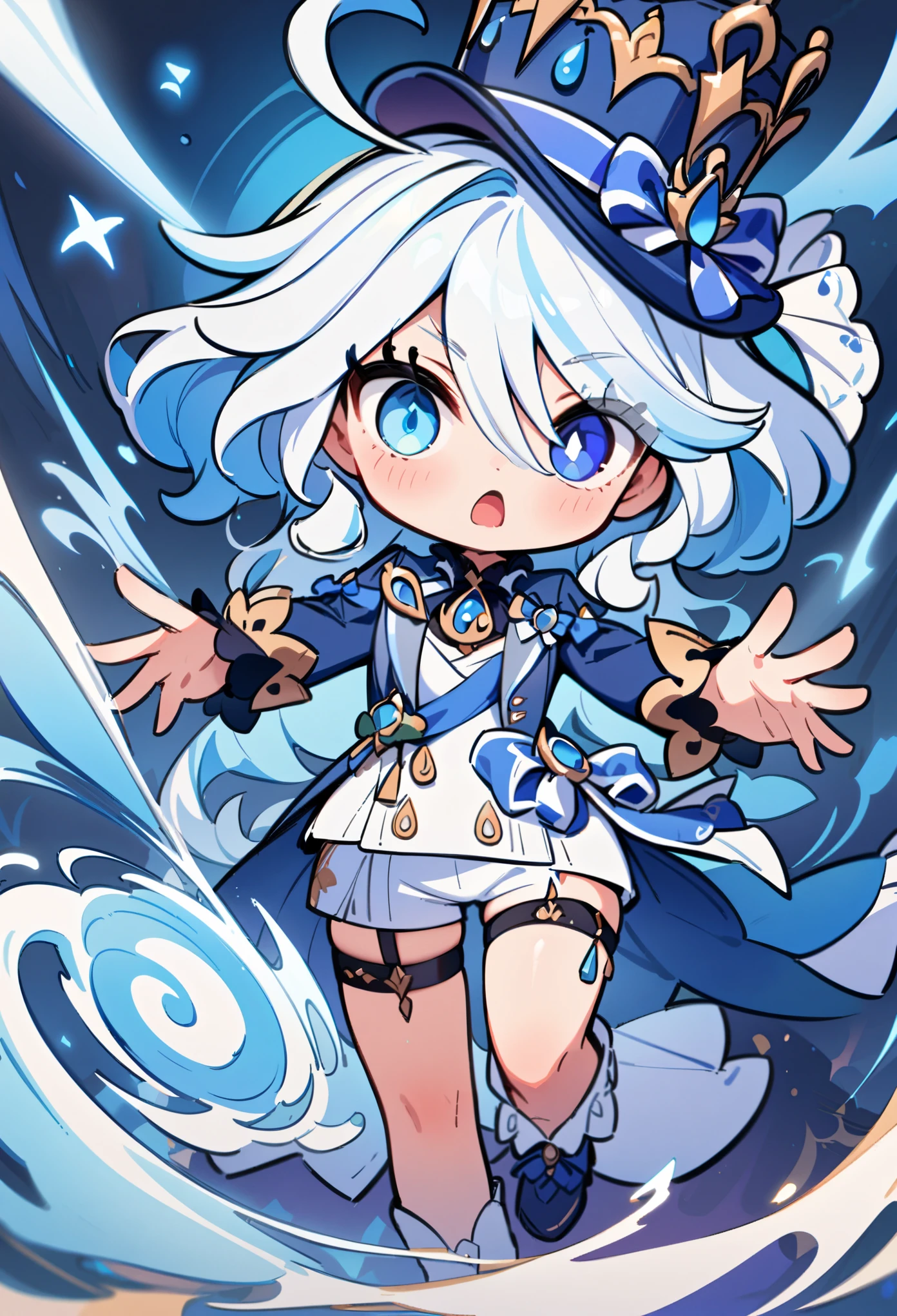 (masterpiece, best quality:1.2), 1girl, solo,chibi,furina \(genshin impact\), heterochromia,hat,bule hair,blue eyes,ascot,brooch,long sleeves, jacket,blue bow,gloves,white shorts, thigh strap

