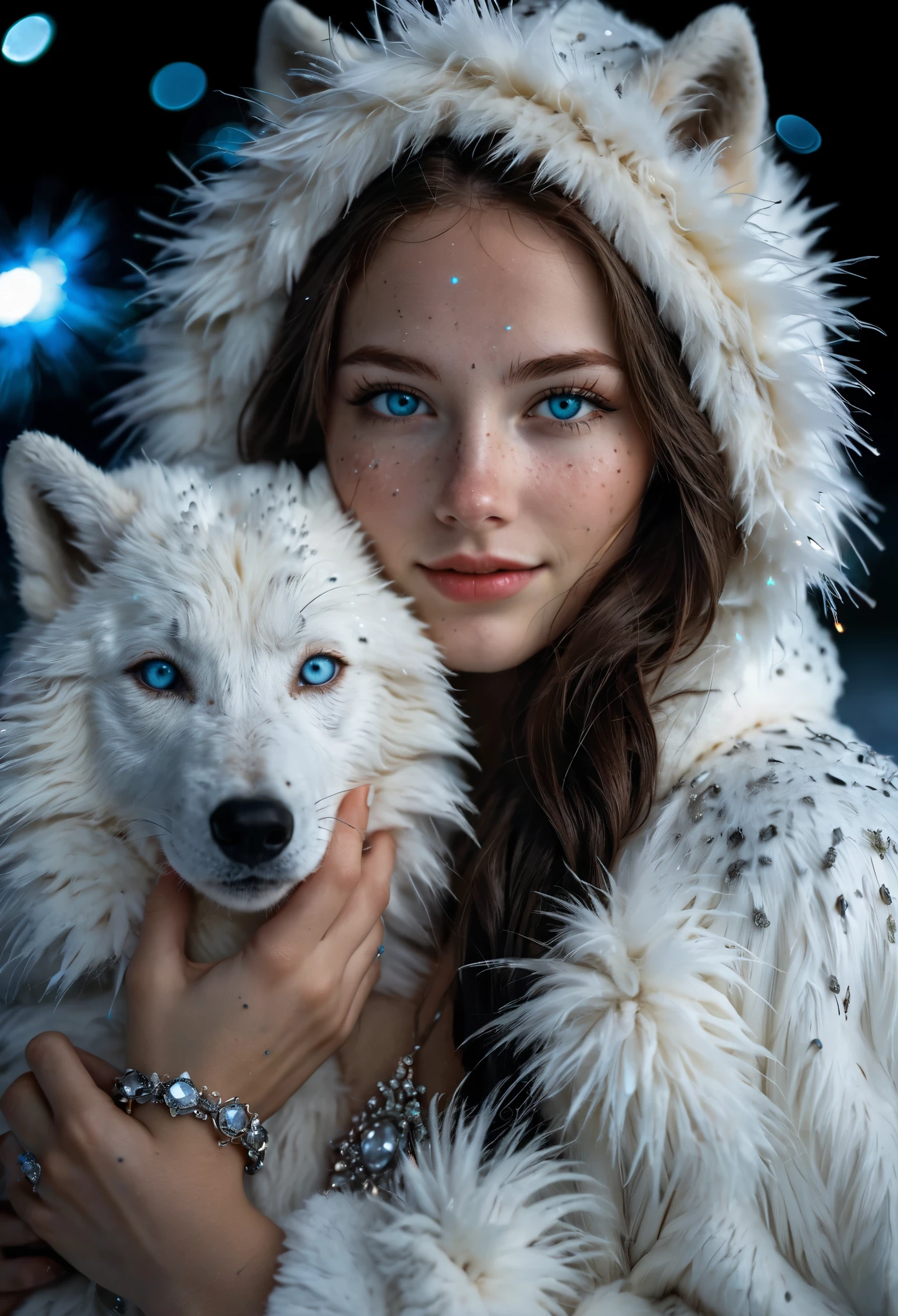 extremely detailed up close photo of a beautiful polar faerie woman, with large beautiful icy blue eyes, wearing a white fur coat, hood, detailed jewelry, shy smile, fireworks dark night background, fantasy, elegant, beautiful dark firework sky background, freckles, holding a wolf pup