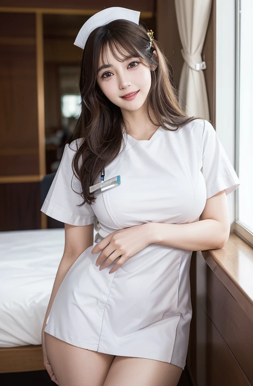 (The Ultimate Beautiful Japan young Woman), hyper-detailed face, Detailed lips, long hair, (grin)、(White Molded Teeth), (cparted lips), ((Wearing a nurse's white uniform:1.4))、((large full breasts)), thighs thighs thighs thighs、(Cowboy Shot:1.3), Perfect fit, depth of fields、Perfect image realism、Meticulous background, detailed costume, Perfect litthing、Hyper-Realism、Photorealsitic、8K maximum resolution, (masterpiece), ighly detailed, Professional, hospital , wear closed , gorgeous face , golden eyes