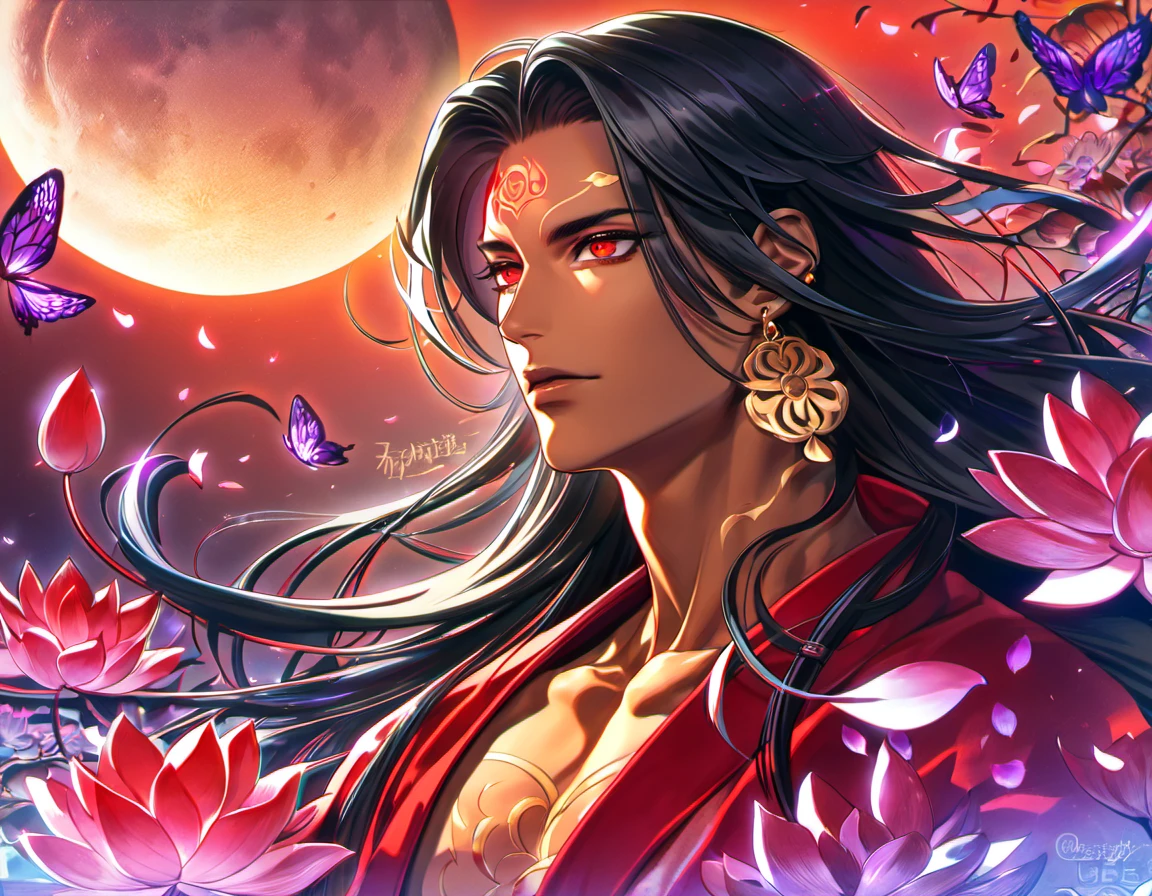 (absurdres, highres, ultra detailed, HDR), master piece, best quality, vibrant red eyes, 1man, handsome face, Asura, tanned skin, black untamed long hair, black hair, red lotus mark on the forehead, red tunic, showing the chest, lotus earrings, onmyoji, moon, purple flames, purple butterflies, petals