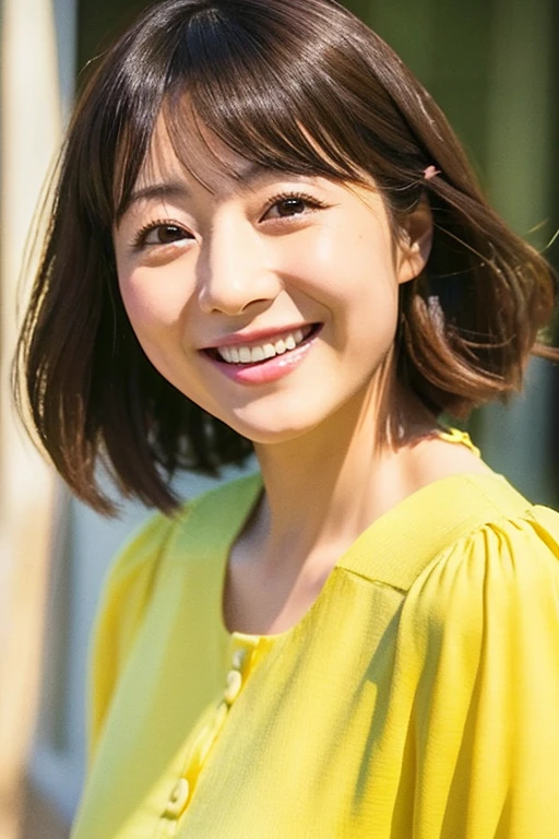 (highest quality)), ((masterpiece)), (detailed), An illustration Short cut to the chin Loose waves smile Double Kind eyes Light yellow long sleeve blouse Japanese にっこりsmile Bust Shot plump body shape Small breasts Laughing with mouth open Young-looking woman in her 40s Bright atmosphere Satomi Ishihara style The gaze of the viewer