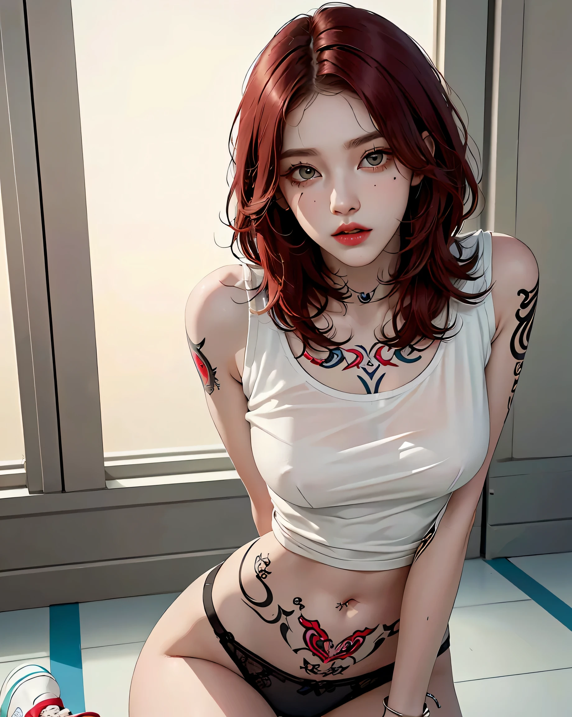 (Browsing Caution:0.7), Perfect Style, Beautiful Face, Highly detailed face and skin texture, (Maximum resolution: 1.2), 1 female,Hip Up, jewelry, (((He has many tattoos all over his body)), Streetwear, Play sports often, Red hair, Panties, sneakers, (((Tight waist))), ((Big Breasts)),(See-through)