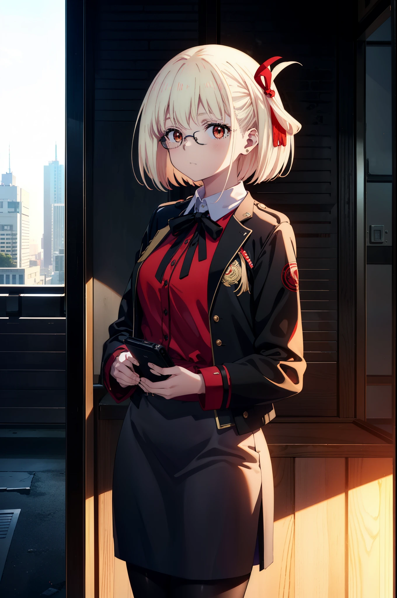 chisatonishikigi, Chisato Nishikigi, short hair, bangs, Blonde, (Red eyes:1.5), hair ribbon, One side up, Bobcut,
OL, Akagi Glasses, Black suit jacket, Collared jacket, White dress shirt, Collared shirt, Neckline, button, Black pencil skirt, Black Pantyhose,Stiletto heels,the sun is rising,sit cross-legged on a chair,interior,There is a computer on the table,touch typing,It's as if your whole body is in the illustration., break outdoors,city,Area,シティストリート break looking at viewer, (Cowboy Shot:1.5), break (masterpiece:1.2), highest quality, High resolution, unity 8k wallpaper, (shape:0.8), (Beautiful details:1.6), Highly detailed face, Perfect lighting, Highly detailed CG, (Perfect hands, Perfect Anatomy),